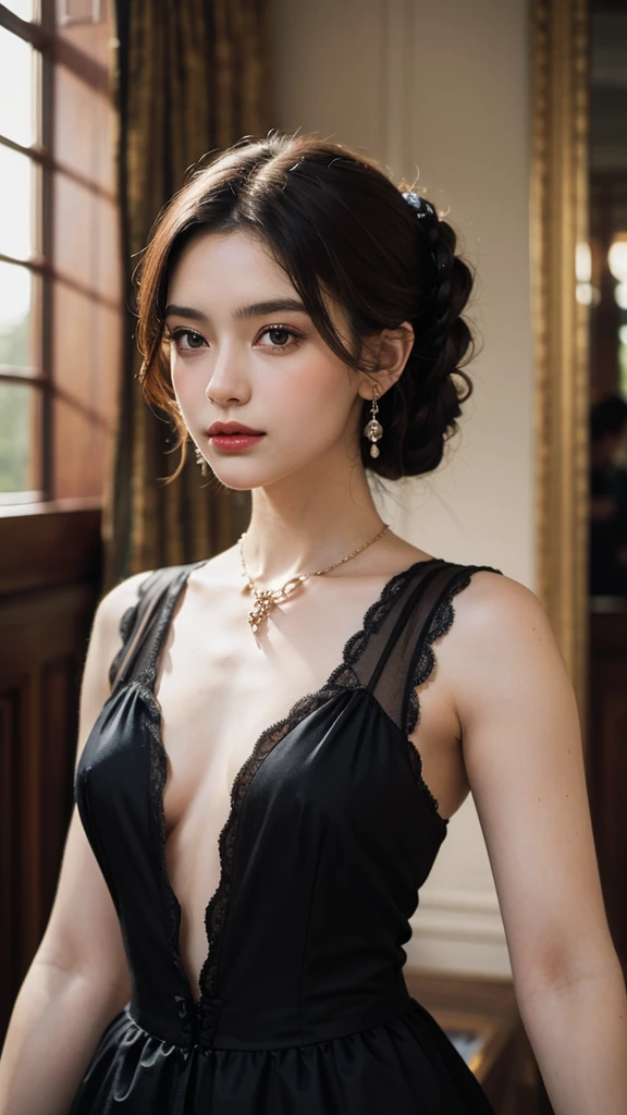 ((8k, highly detailed:1.5, raw photo,photorealistic)),Award Winning Photograph, ((Group shot:1.2, extremely beautiful girls:1.5, welcoming)), extremely beautiful faces, ((wearing identical maid costume:1.2, )), (undressing), ((inside room of European castle:1.5, dinner on table:1.3, chandelier, candles, dinner time:1.2)), (perfect faces, highly detailed faces, perfect eyes), different hair colors, different body types, ((cute faces, seductive eyes)), looking at viewer, innocent smiles, playful, cheerful, ((beautiful breast:1.3, chest open:1.15)), ((attractive feminine body)), looking at viewer, young girls, glossy lips, teenage girls, Caucasian, blonde hair, brown hair, wavy hair, ponytail, updo, jewelry, earrings, choker:1.3, bracelet, rings, seductive, silky skins, joyful, top braid, ponytail
