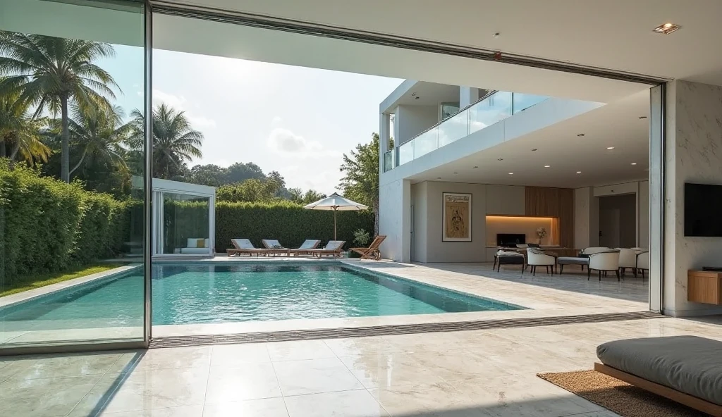 A modern luxury villa featuring a fully transparent glass sliding door with a thin, elegant white frame. The door extends from floor to ceiling, seamlessly blending indoor and outdoor spaces. The glass is crystal clear, reflecting the soft natural light. Beyond the door, a stunning outdoor area showcases a luxurious swimming pool with shimmering blue water, surrounded by a stylish wooden deck and lush greenery. The villa’s interior is minimalistic and sophisticated, with sleek white walls, marble flooring, and contemporary furniture. Sunlight streams through the glass, creating a bright and airy atmosphere.