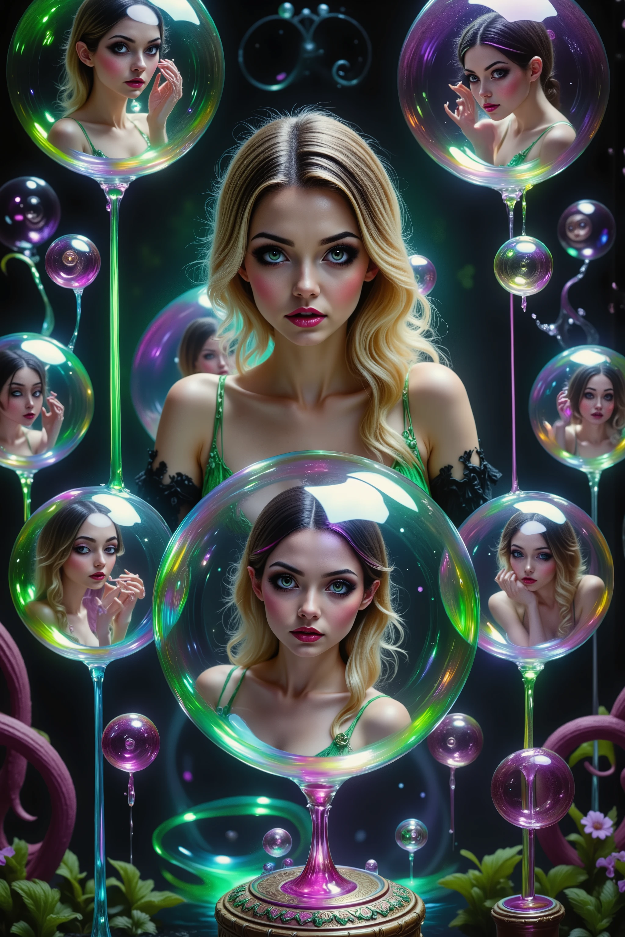 Girls in glass bubbles, very attractive women inside different spheres and orbs. Extreme glow and shineb reflect off glass orbs glass bubbles in a room full of mirrors. Blonde young women. Around them orbs, spheres, and bubbles, the mirrors reflect all the objects. Incorporate perfect symmetry and rotational symmetry. A psychedelic dream, vibrant colors building, shimmering glass melting and making clear bubbles wotj women in them, other spheres are full of paint of all neon colors. Spillimg out the patterns twist in and out of objects while dripping into each other, perfectly formed symmetrical spheres and glowing reflective bubbles, extreme attention to detail on the bubbles and spheres, rainbows of color twist out of translucent orbs, spilled paint and spirals of swirling color in the background, beautiful psychedelic digital art, pixel art, neon colors, 4d mandelbulb psychedelics, glass-like psychedelic landscape, intricate rainbow environment, psychedelic underwater brightness, trails of color and light, bright fluorescent colors, psychedelic vibrant colors, bright psychedelic neon colors, colorful paint drips out of the bubbles, 3D glass spheres melting into each other spilling out colors, visually disorienting, hallucination inducing, optical illusions, startling, stunning images, awe-inspiringly, best quality wallpaper, pixel assets, portrait photography, surrealism, photorealistic, hyper detailed, glass morphism, digital art, sparkle, optical illusion, glowing light, reflection light, overexposure, god rays backlighting, depth of field, rotational symmetry, UHD, high details, high quality, super detailed, best quality, award winning, Masterpiece. Spheres reflect light everywhere, and it brings out images and optical illusions for the viewer's disorienting experience of looking at it. Super bright neon Colors.** incorporate bright neon green, neon blue, neon purple, neon yellow, &blood red**Extreme glow and shine reflect off