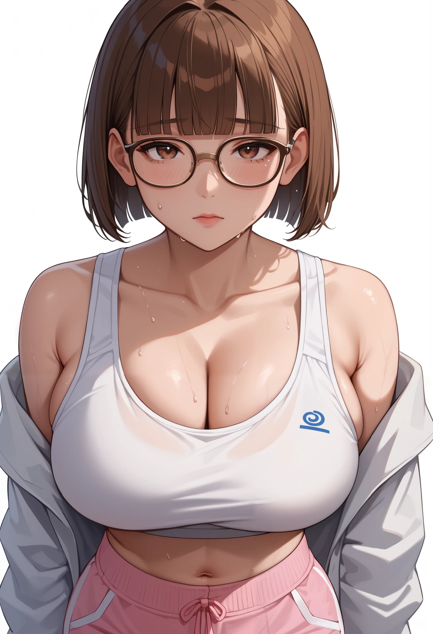 score_9, score_8_ up, score_7, ((White background)) ((Japan girl)) ((1girl)) Source_Anime, rathing_questionable , 最 Details, high res, 8k, 超 high res , soft saturation, ,Professional quality ,perfect contrast , perfect lighting, Anatomically Accurate , Sensual Woman , maternal,short hair, (short Brown Hair), blunt bangs, (Brown eye:1.3), wooden frame glasses , (White sports bra:1.2) (Pink sweatpants:1.2)Breast cleavage , sweat , ((big breasts:0.9)) ((thin:1.2)) shy Tired, fell to the ground