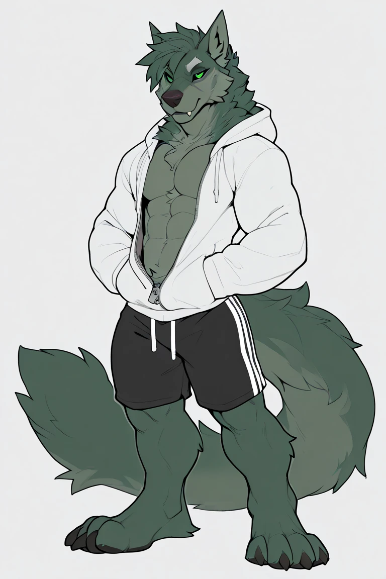 best quality, black body, wolf, wolf tail, athletic, matted manes:0.55, thick thighs, black claws, black fur, ((white stripe on forehead)), white tip of the tail, teenager, grey iris, furry body, detailed fur, furry male, body fur, grin, chest fluff:1.2, detailed eyes, short stack, medium hips, standing, furry crotch, (stoic stance, hand on hip, wide grin, wink, forest, outside, trees, grass, blue sky, wink, perfect posture, looking at viewer, grey eyes, tall, naked)
