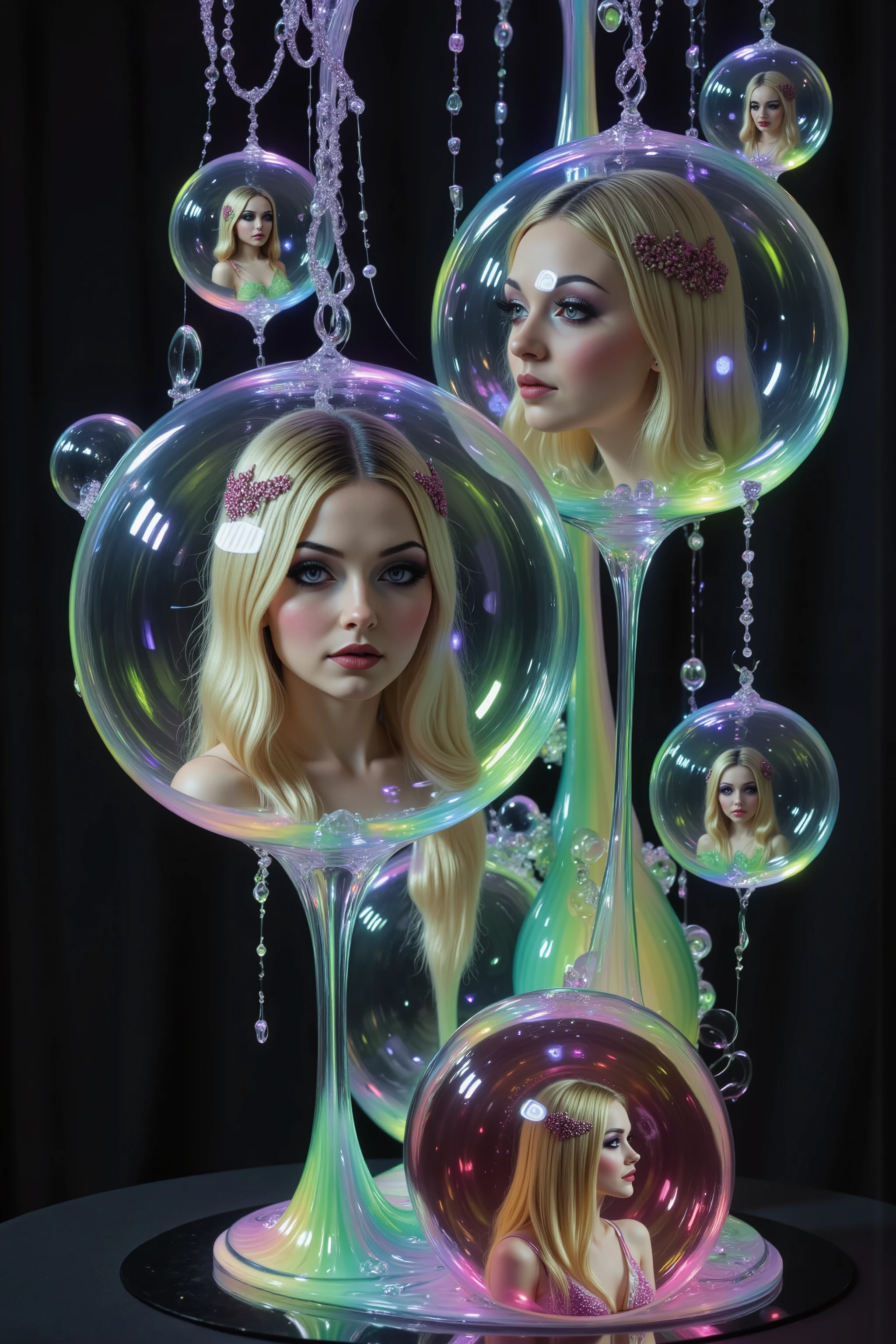 Girls in glass bubbles, very attractive women inside different spheres and orbs. Extreme glow and shineb reflect off glass orbs glass bubbles in a room full of mirrors. Blonde young women. Around them orbs, spheres, and bubbles, the mirrors reflect all the objects. Incorporate perfect symmetry and rotational symmetry. A psychedelic dream, vibrant colors building, shimmering glass melting and making clear bubbles wotj women in them, other spheres are full of paint of all neon colors. Spillimg out the patterns twist in and out of objects while dripping into each other, perfectly formed symmetrical spheres and glowing reflective bubbles, extreme attention to detail on the bubbles and spheres, rainbows of color twist out of translucent orbs, spilled paint and spirals of swirling color in the background, beautiful psychedelic digital art, pixel art, neon colors, 4d mandelbulb psychedelics, glass-like psychedelic landscape, intricate rainbow environment, psychedelic underwater brightness, trails of color and light, bright fluorescent colors, psychedelic vibrant colors, bright psychedelic neon colors, colorful paint drips out of the bubbles, 3D glass spheres melting into each other spilling out colors, visually disorienting, hallucination inducing, optical illusions, startling, stunning images, awe-inspiringly, best quality wallpaper, pixel assets, portrait photography, surrealism, photorealistic, hyper detailed, glass morphism, digital art, sparkle, optical illusion, glowing light, reflection light, overexposure, god rays backlighting, depth of field, rotational symmetry, UHD, high details, high quality, super detailed, best quality, award winning, Masterpiece. Spheres reflect light everywhere, and it brings out images and optical illusions for the viewer's disorienting experience of looking at it. Super bright neon Colors.** incorporate bright neon green, neon blue, neon purple, neon yellow, &blood red**Extreme glow and shine reflect off