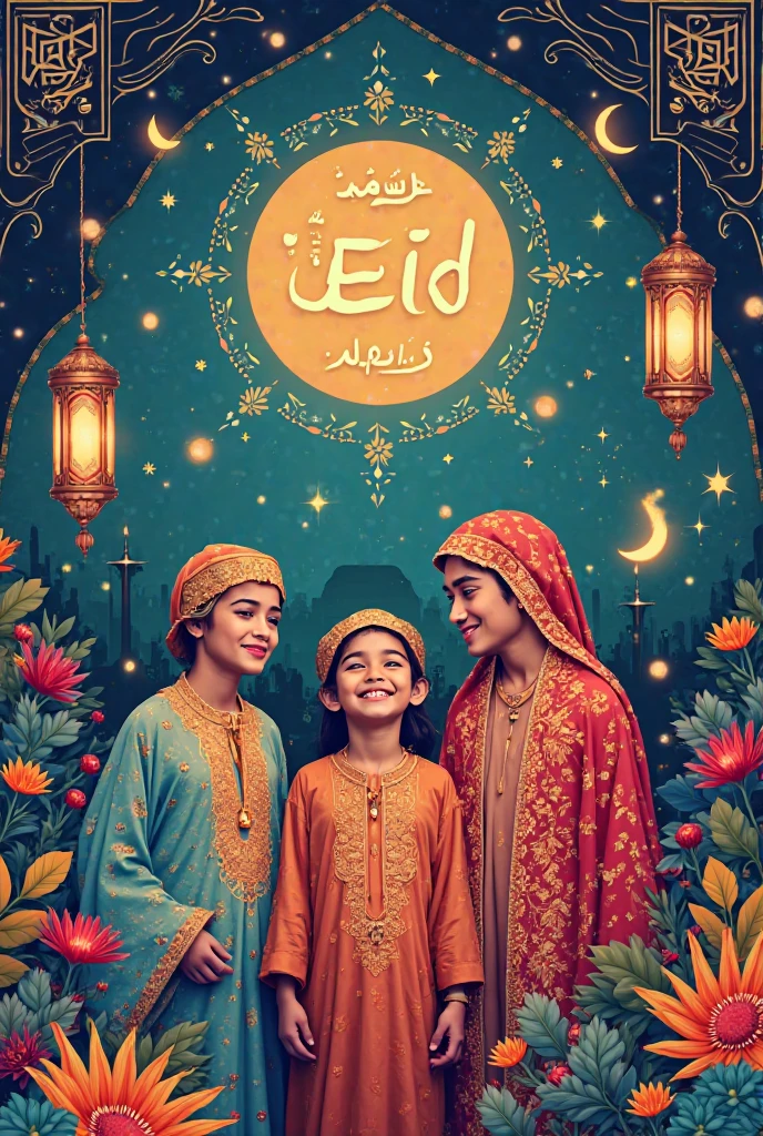 full body Indonesian family consisting of father and mother wearing hijab, smiling sweetly, wearing Indonesian Islamic clothes, standing. one girl is 25 years old and the first boy is 15 years old, the second  is 10 years old, with an Islamic holiday theme with pictures of mosques, lanterns, clouds, crescent moons and stars, decorated with pictures of mosques with sparkling silver lights and ketupat hanging, 8k, dramatic quality, cinematic