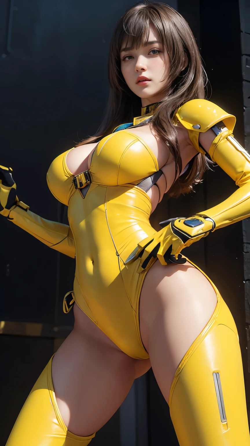 ((best quality)), ((Masterpiece)), (details:1.2), 3D, Picture of a young woman in a yellow Cybertron bionic suit.(flat stomach)(Smooth, beautiful legs)((Big chest mound))big tits,big tits ,cameltoe,great tits