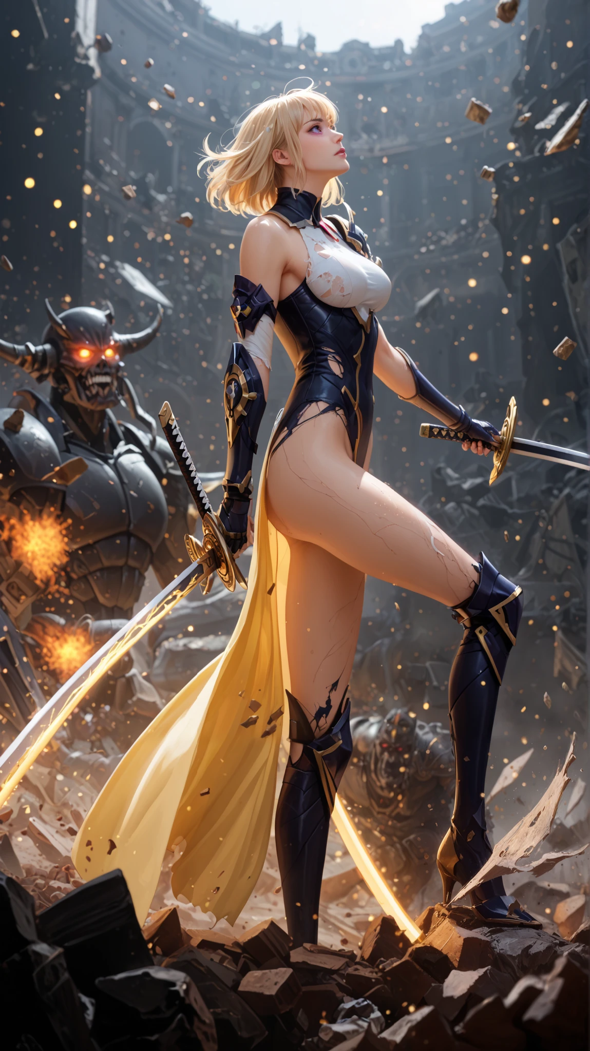 Rating 9, Rating 8, Rating 7, Rating 6, Anime Origin, Explicit Rating, Glowing Skin, Light Particles, Mature Woman, Girl, Slim Body, Slim Legs, Lonely, Narrow Shoulders, Slim Body, Medium Chest, Short Hair, Bangs, Blonde Hair, Purple Eyes, Cha Hae-In from Solo Leveling standing atop a pile of defeated monstrous creatures, her black battle suit torn and covered in dust and bloodstains, signifying an intense fight. She holds her sharp katana-like sword firmly, its blade glowing faintly with residual energy. Her golden hair flows in the wind, illuminated by the ethereal glow of a broken battlefield at dawn. Her expression is a mix of exhaustion and triumph, eyes filled with determination despite her fatigue. The environment is cinematic, with dramatic lighting filtering through dust and debris, creating an epic post-battle atmosphere. The fallen monsters have grotesque features, sharp claws, and glowing eyes, now lifeless. Particles of ash and light scatter around, enhancing the high-quality anime aesthetic. Captured in 8K resolution, ultra-detailed, cinematic anime style, using a Sony A7R IV, 50mm f/1.2 lens, creating a dramatic sense of depth and emotion