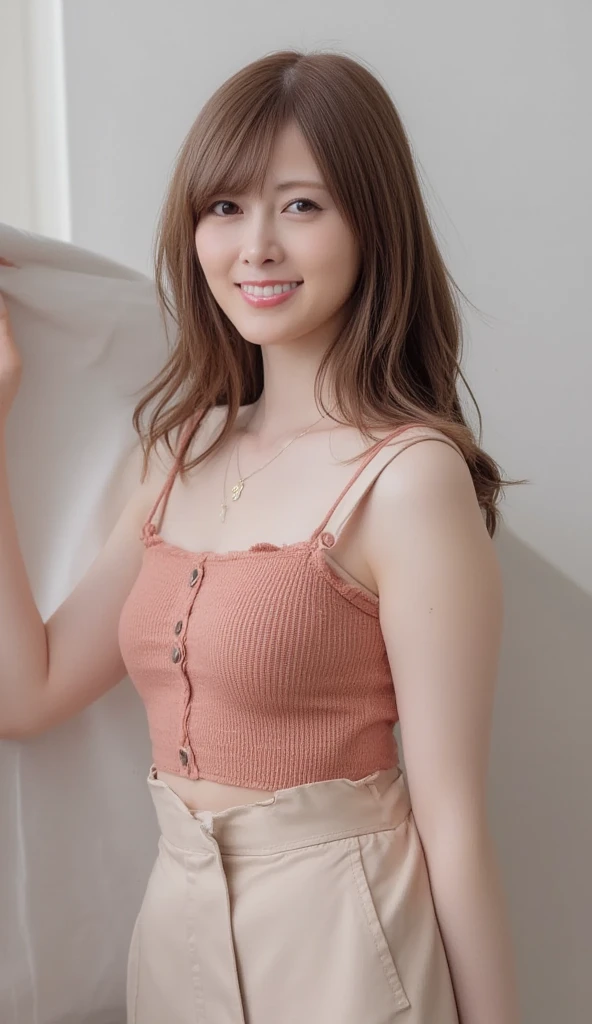 view to the mountain, Woman, American, 25 years old, fair skin with freckles, green-gray eyes, delicate nose, soft and delicate lips, long wavy ginger-hair, sweet smile. full body portrait photograph. ultra high res.photo realistic: 1.4, UDH,