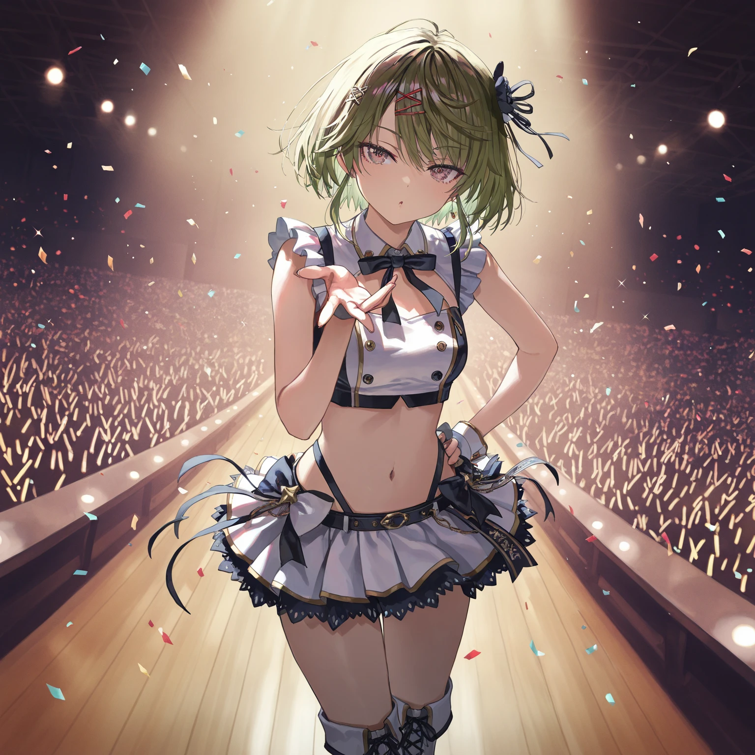 (highest quality,stage top:1.2),(anime style,comic core:1.1),1 girl,cute style,adorable,highly detailed eyes,highly detailed face,very fine hair,About Hipder,8K、green hair、short hair、red cheeks、black high leg bunny、Fishnet tights、white rabbit ears、Beautiful leg lines、Tie it up、butt、purple eyes、valley、Detailed anime faceedium breasts