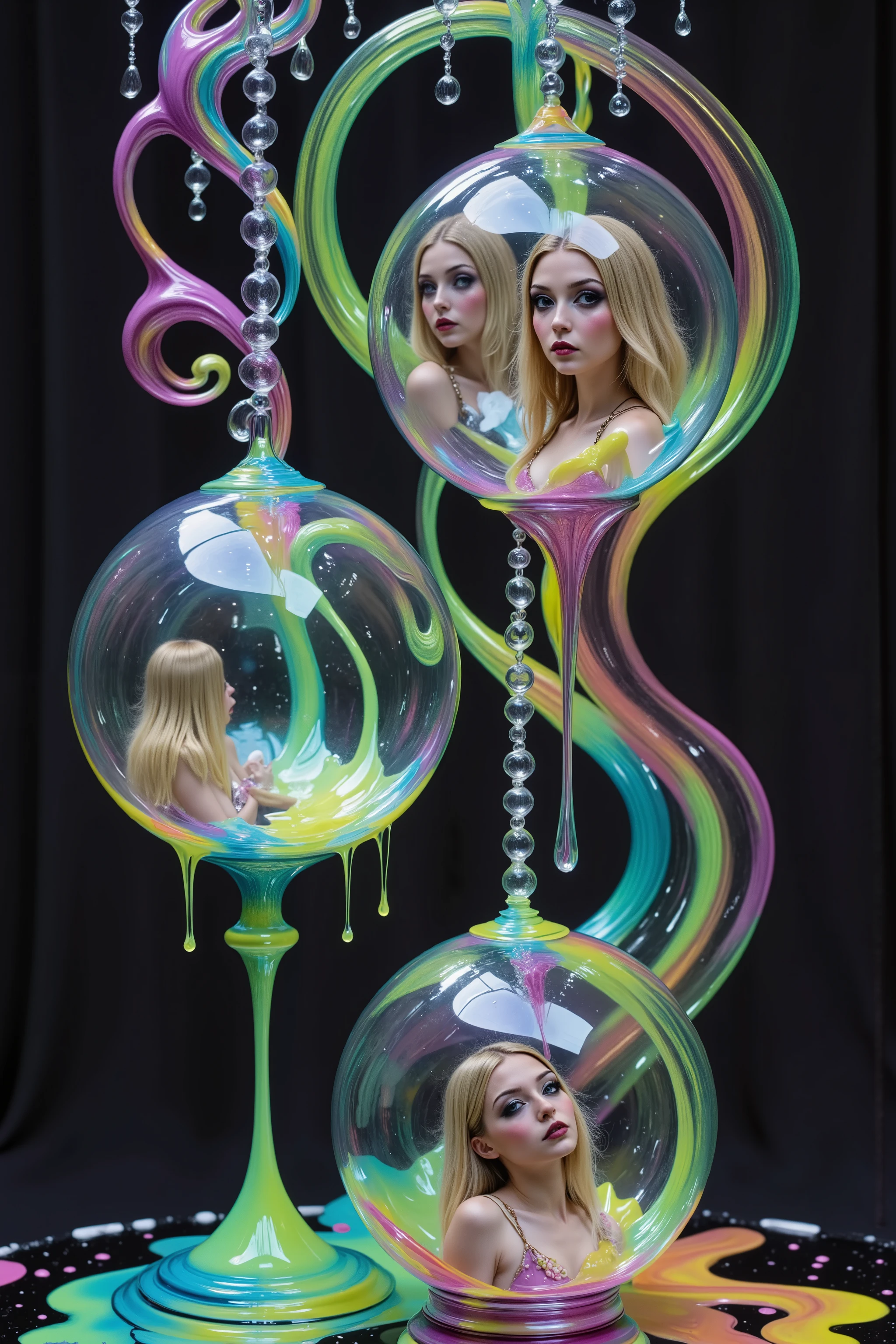Girls in glass bubbles, very attractive women inside different spheres and orbs. Extreme glow and shineb reflect off glass orbs glass bubbles in a room full of mirrors. Blonde young women. Around them orbs, spheres, and bubbles, the mirrors reflect all the objects. Incorporate perfect symmetry and rotational symmetry. A psychedelic dream, vibrant colors building, shimmering glass melting and making clear bubbles wotj women in them, other spheres are full of paint of all neon colors. Spillimg out the patterns twist in and out of objects while dripping into each other, intricate patterns of melted glass and neon paint spill in and out of perfectly formed symmetrical spheres and glowing reflective bubbles, extreme attention to detail on the bubbles and spheres, rainbows of color twist out of translucent orbs, spilled paint and spirals of swirling color in the background, beautiful psychedelic digital art, pixel art, neon colors, 4d mandelbulb psychedelics, glass-like psychedelic landscape, intricate rainbow environment, psychedelic underwater brightness, trails of color and light, bright fluorescent colors, psychedelic vibrant colors, bright psychedelic neon colors, colorful paint drips out of the bubbles, spilling out colors, visually disorienting, hallucination inducing, optical illusions, startling, stunning images, awe-inspiringly, best quality wallpaper, pixel assets, portrait photography, surrealism, photorealistic, hyper detailed, glass morphism, digital art, sparkle, optical illusion, glowing light, reflection light, overexposure, god rays backlighting, depth of field, rotational symmetry, UHD, high details, high quality, super detailed, best quality, award winning, Masterpiece. Spheres reflect light everywhere, and it brings out images and optical illusions for the viewer's disorienting experience of looking at it. Super bright neon Colors.** incorporate bright neon green, neon blue, neon purple, neon yellow, &blood red**Extreme glow and shine reflect off