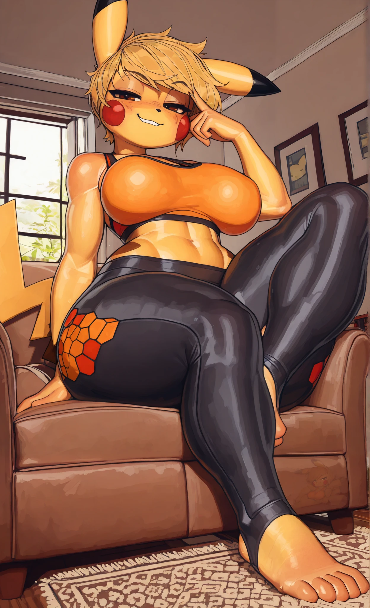 ((pikachu)), ((Pixelsketcher style)), ((wamudraws:0.8)), ((masterpiece)), ((high resolution)), {(attractive figure), (athletic body), (large breasts), (wide hips), (thick thighs), (pretty feet), (yellow fur), (black nose), (pointed pikachu ears), (red pikachu cheeks), (female pikachu tail), (pixie haircut), (messy side-swept bang), (cute brown eyes), (lidded eyes), (smug grin)}, {(orange sports bra), (black stirrup leggings with orange print), (orange hexagonal pattern on yoga pants)}, {(sitting on couch), (foot on couch), (looking at viewer)}, ((living room)), ((window)), ((rug))