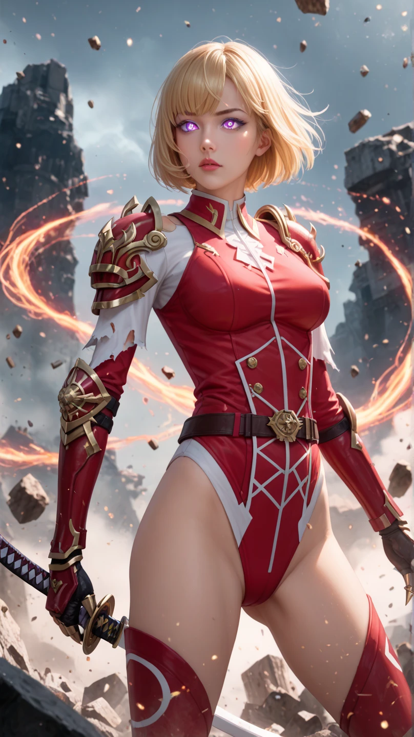 solo, 1girl, cha hae-in, expressionless, looking at viewer, armor, black collar, shoulder armor, long sleeves, gloves, gauntlets, pelvic curtain, large breasts, thick thighs, curvy hips 