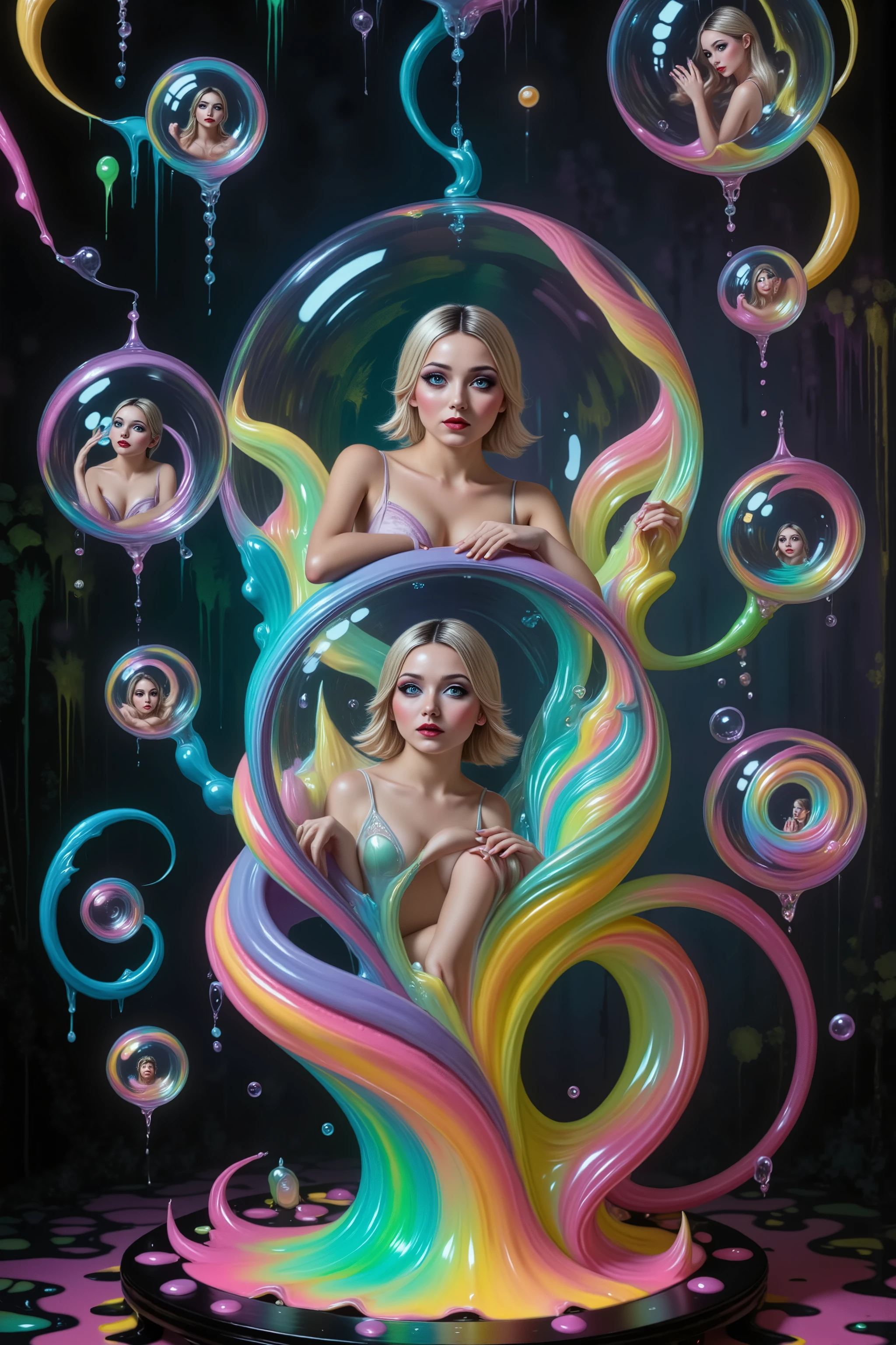 Girls in glass bubbles, very attractive women inside different spheres and orbs.  Extreme glow and shineb reflect off glass orbs glass bubbles in a room full of mirrors. Blonde young women. Around them orbs, spheres, and bubbles, the mirrors reflect all the objects. Incorporate perfect symmetry and rotational symmetry. A psychedelic dream, vibrant colors building, shimmering glass melting and making clear bubbles wotj women in them, other spheres are full of paint of all neon colors. Spillimg out the patterns twist in and out of objects while dripping into each other, intricate patterns of melted glass and  neon paint spill in and out of perfectly formed symmetrical spheres and glowing reflective bubbles, extreme attention to detail on the bubbles and spheres, rainbows of color twist out of translucent orbs, spilled paint and spirals of swirling color in the background, beautiful psychedelic digital art, pixel art, neon colors, 4d mandelbulb psychedelics, glass-like psychedelic landscape, intricate rainbow environment, psychedelic underwater brightness, trails of color and light, bright fluorescent colors, psychedelic vibrant colors, bright psychedelic neon colors, colorful paint drips out of the bubbles, spilling out colors, visually disorienting, hallucination inducing, optical illusions, startling, stunning images, awe-inspiringly, best quality wallpaper, pixel assets, portrait photography, surrealism, photorealistic, hyper detailed, glass morphism, digital art, sparkle, optical illusion, glowing light, reflection light, overexposure, god rays backlighting, depth of field, rotational symmetry, UHD, high details, high quality, super detailed, best quality, award winning, Masterpiece. Spheres reflect light everywhere, and it brings out images and optical illusions for the viewer's disorienting experience of looking at it. Super bright neon Colors.** incorporate bright neon green, neon blue, neon purple, neon yellow, &blood red**Extreme glow and shine reflect off 