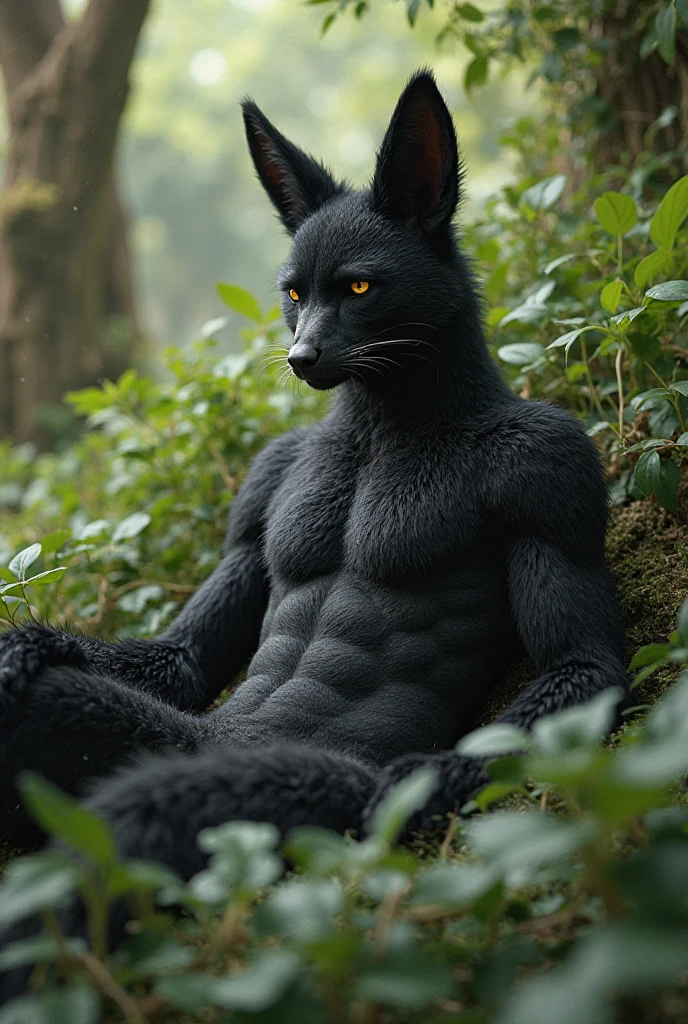 Anthropomorphic female black panther, furson в бирюзовых трусах и топлесс. bare chest, black nipples, like the whole chest is black. The panther's entire body is black and covered with fur., furson. She lies in a clearing in a forest of ferns.