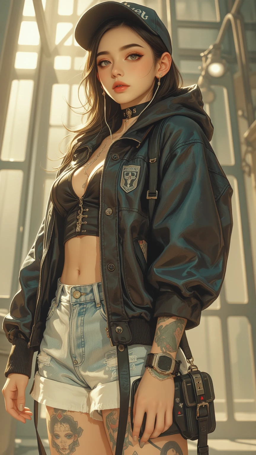 Portada de la revista,realista,Foto,35mm,Kinematic(1Mujer con chaqueta Super Puffer Balenciaga con pelo corto,tatuajes en el cuello)Grafito de fondo colorido,ultra sharp