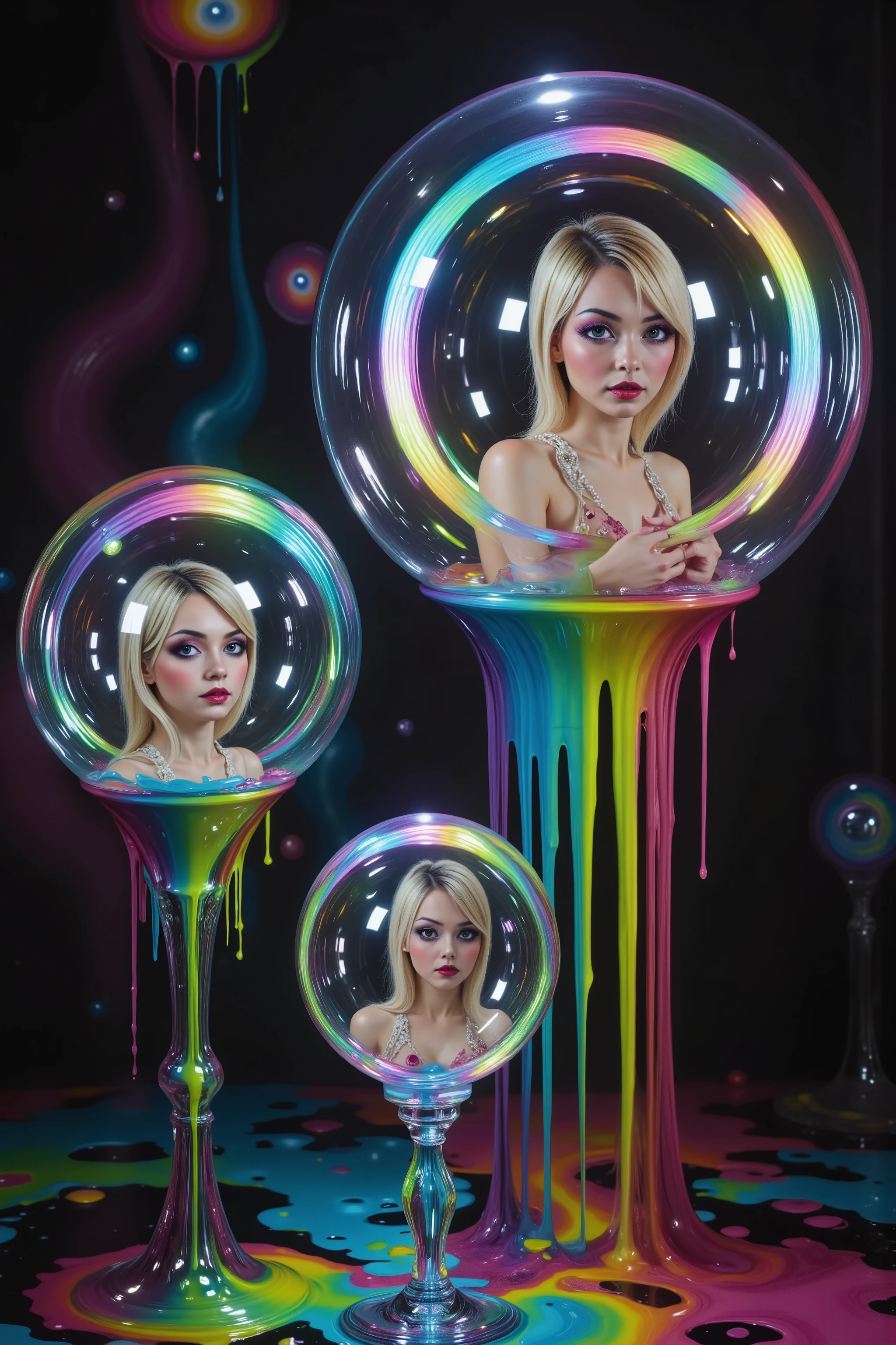 Girls in glass bubbles, very attractive women inside different spheres and orbs. Extreme glow and shineb reflect off glass orbs glass bubbles in a room full of mirrors. Blonde young women. Around them orbs, spheres, and bubbles, the mirrors reflect all the objects. Incorporate perfect symmetry and rotational symmetry. A psychedelic dream, vibrant colors building, shimmering glass melting and making clear bubbles wotj women in them, other spheres are full of paint of all neon colors. Spillimg out the patterns twist in and out of objects while dripping into each other, intricate patterns of melted glass and neon paint spill in and out of perfectly formed symmetrical spheres and glowing reflective bubbles, extreme attention to detail on the bubbles and spheres, rainbows of color twist out of translucent orbs, spilled paint and spirals of swirling color in the background, beautiful psychedelic digital art, pixel art, neon colors, 4d mandelbulb psychedelics, glass-like psychedelic landscape, intricate rainbow environment, psychedelic underwater brightness, trails of color and light, bright fluorescent colors, psychedelic vibrant colors, bright psychedelic neon colors, colorful paint drips out of the bubbles, spilling out colors, visually disorienting, hallucination inducing, optical illusions, startling, stunning images, awe-inspiringly, best quality wallpaper, pixel assets, portrait photography, surrealism, photorealistic, hyper detailed, glass morphism, digital art, sparkle, optical illusion, glowing light, reflection light, overexposure, god rays backlighting, depth of field, rotational symmetry, UHD, high details, high quality, super detailed, best quality, award winning, Masterpiece. Spheres reflect light everywhere, and it brings out images and optical illusions for the viewer's disorienting experience of looking at it. Super bright neon Colors.** incorporate bright neon green, neon blue, neon purple, neon yellow, &blood red**Extreme glow and shine reflect off