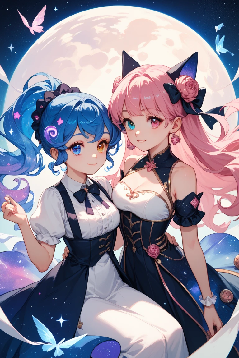anime girls in sexy costumes posing in front of a full moon, two beautiful anime girls, anime girls, nightcore, anime style 4 k, best anime 4k konachan wallpaper, pink twintail hair and cyan eyes, wlop and sakimichan, two pure moons, twintails, ultra hd anime wallpaper, 4k anime wallpaper --auto --s2