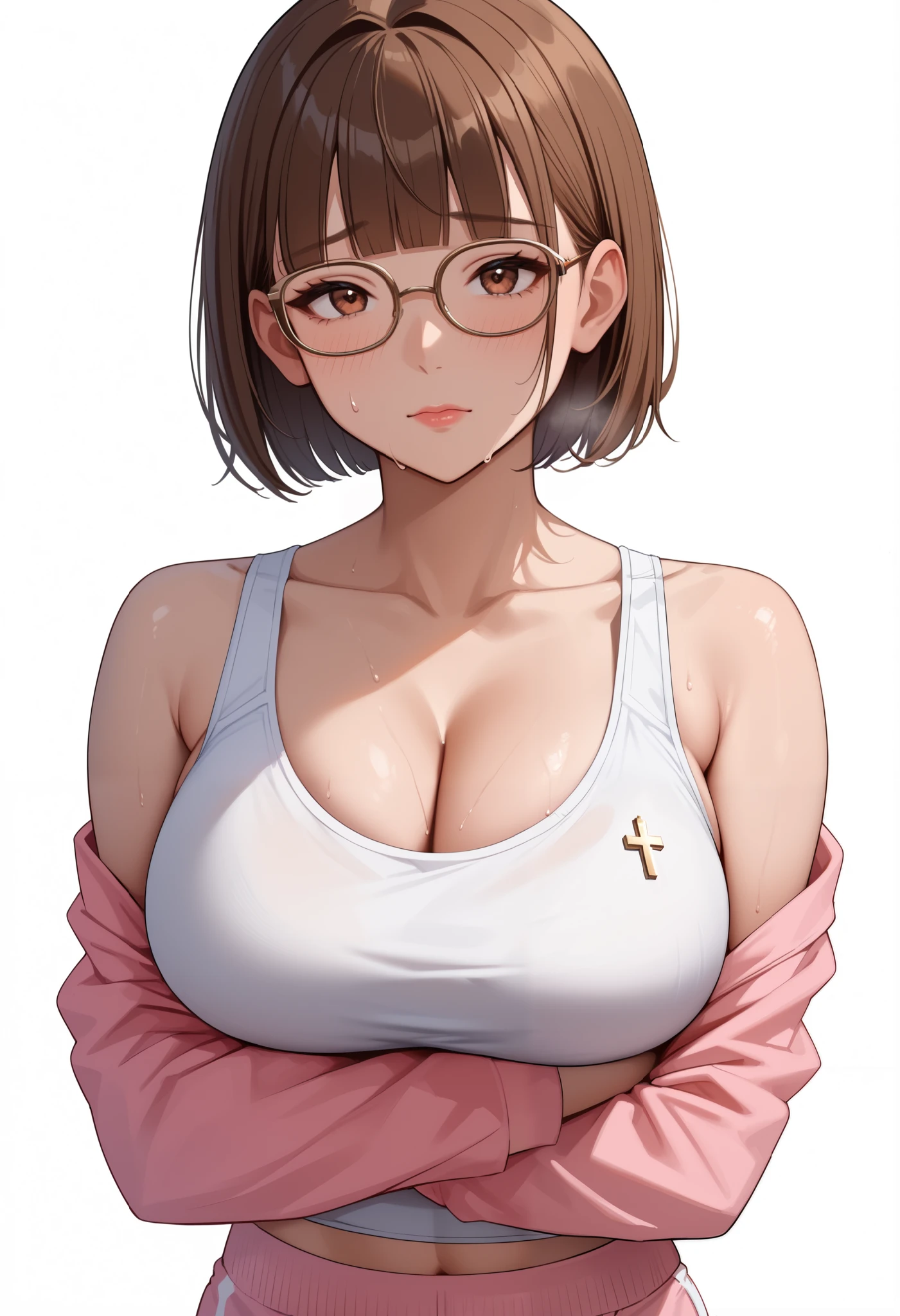 score_9, score_8_ up, score_7, ((White background)) ((Japan girl)) ((1girl)) Source_Anime, rathing_questionable , 最 Details, high res, 8k, 超 high res , soft saturation, ,Professional quality ,perfect contrast , perfect lighting, Anatomically Accurate , Sensual Woman , maternal, short hair, (short Brown Hair), blunt bangs, (Brown eye:1.3), wooden frame glasses , (White sports bra:1.2) (Pink sweatpants:1.2)Breast cleavage , sweat , ((big breasts:0.9)) ((thin:1.2)) ((Cross your arms:1.4)) shy