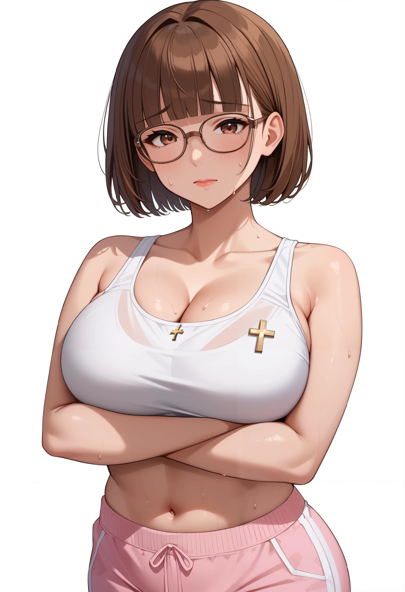 score_9, score_8_ up, score_7, ((White background)) ((Japan girl)) ((1girl)) Source_Anime, rathing_questionable , 最 Details, high res, 8k, 超 high res , soft saturation, ,Professional quality ,perfect contrast , perfect lighting, Anatomically Accurate , Sensual Woman , maternal, short hair, (short Brown Hair), blunt bangs, (Brown eye:1.3), wooden frame glasses , (White sports bra:1.2) (Pink sweatpants:1.2)Breast cleavage , sweat , ((big breasts:0.9)) ((thin:1.2)) ((Cross your arms:1.4)) shy