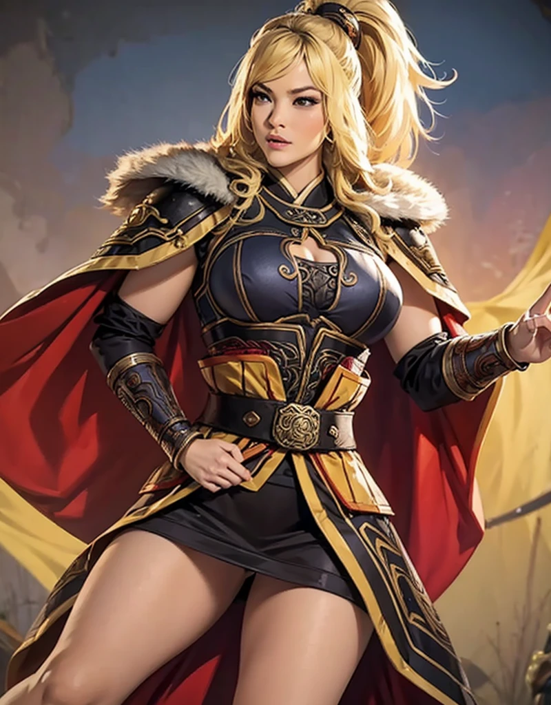 (maximum quality, 8K, best quality, beautiful and aesthetic) (a woman), extremely detailed, colorful, more detailed, faithful style, ((((Goddess Freya)))), Norse Goddess, European Woman, bright eyes, eyes light blue, thick eyelashes, loose braided hair, long hair, blonde hair, big breasts, Cleavage, Show navel, seductive lips, animal leather cape, beautiful woman, mature woman, attractive woman, voluptuous woman, perfect body, short stature, freckles on the face, necklace, brisingamen freya necklace, golden Asgardian armor, emphasis on armor, golden armor, shoulder armor, waist armor, wrist armor, shining armor, a blonde Asgardian heroine, golden details, (((Norse helmet with golden wings))), seductive expression, winking eyes, blonde hair, long hair, blue eyes, detailed eyes, detailed face, detailed hands, pretty face, soft face, raising a glass of beer,