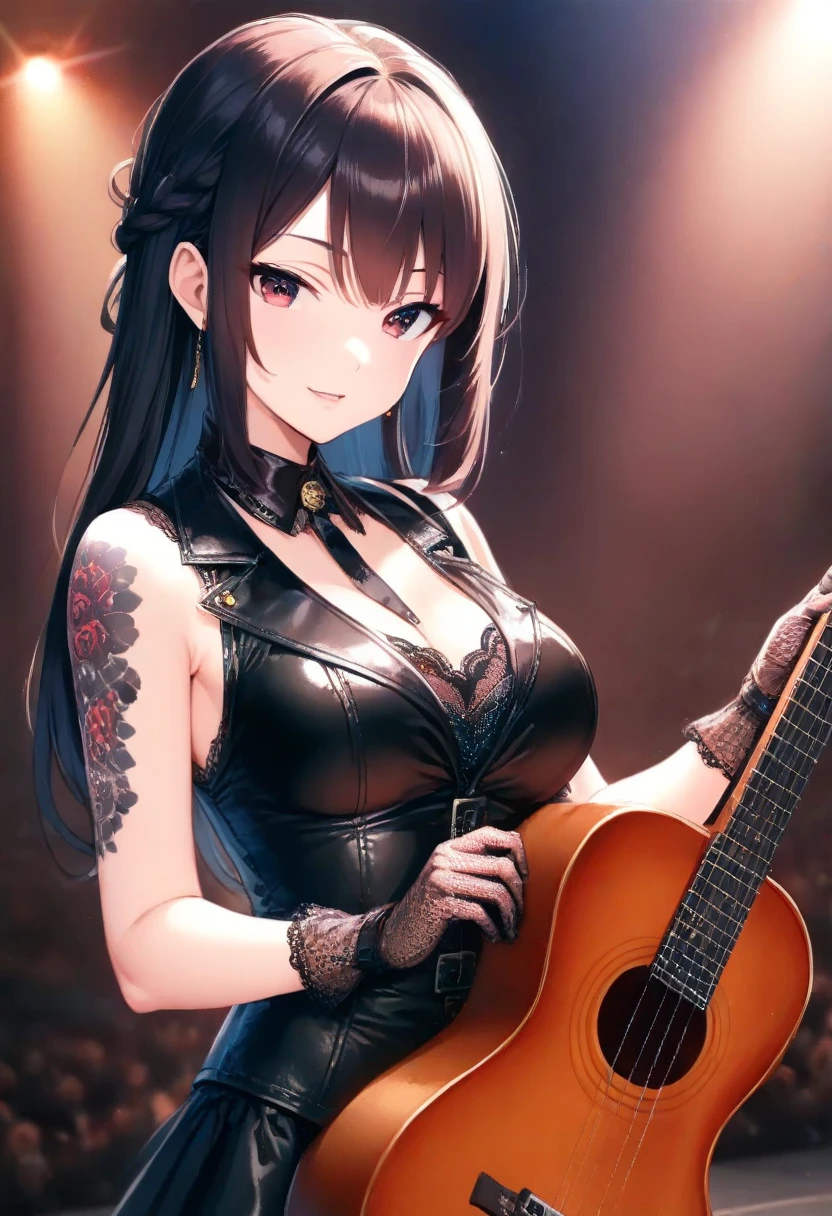 (​masterpiece), (top-quality), sunset, natural lights, ,(realistic:1.5), Stunningly beautiful Madison Beer as a (singer) , (singing on a stage), (rock_concert), sweat, heavy breathing, (punk-rock girl) , (punk_top) , short_skirt, tartan shirt, perfect detail, perfect fingers, perfect limbs, impact, (shiny skin) , abs, tattoos, piercings, wavy hair, (black_hair), dark_skin, punk hair, (bright shot:1.1),masterpiece that captures the essence and beauty of the woman, ((cleavage)), cleavage, sexy, sensual, dark blue eyes, determined expression, sexy pose, athletic, looking at viewer, eye contact, indoor, detailed rock concert in background, neon lights, dynamic pose, action pose,alluring, seductive_pose, neon lights, cleavage, athletic body, medium breasts, upper body, mid shot, masterpiece, detailed, mature, bright colors, high saturation, stunningly beautiful girl, precise hands, determined expression, serious, courageous, brave, Clear eyes, Shining eyes,, ultra-definition, Top resolution,  soft lightning