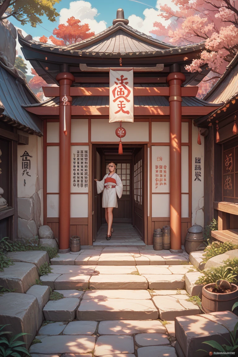 Dusk, full body, smile, Outdoors,  orbital space, simple background, 青いnull, short hair, null, temple, watching the audience, I'm sitting on the stairs, village, Soft light best quality,4K,Superb work,super realistic,photo-realistic,HDR,studio lighting for women,Superb Paintings,high resolution,clear focus,Realistic,rich colors,Bokeh