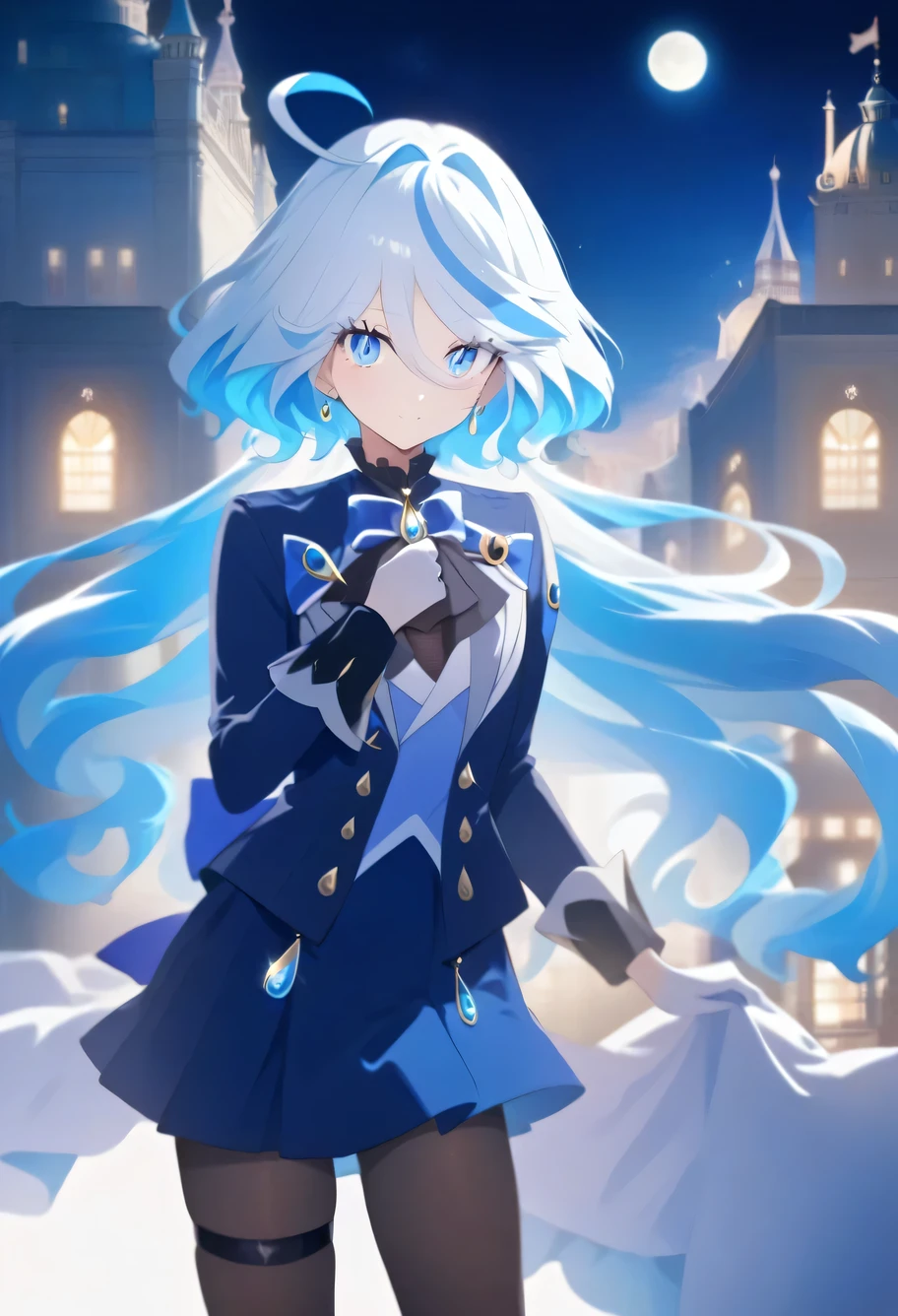 Furina anime style With a costume very similar to that of " seilor moon ", has white and blue hair, blue eyes, piel blanca, labial azul, Un simbolo de luna como el de seilor moon en la Frente de color Amarilla, beautiful eyelashes, Moon earrings in her ears, a Suit like that of Seilor Moon, A bow on the chest color Magenta, upper part of the color of the suit White with gray, Yellow and blue skirt, Legs with mesh tights and Seilor Moon boots Color Blue With Red, Esprecion Alegre... (Place... the upper part of a building at night), Cinematic shot , Waxing moon and illuminated buildings in the background