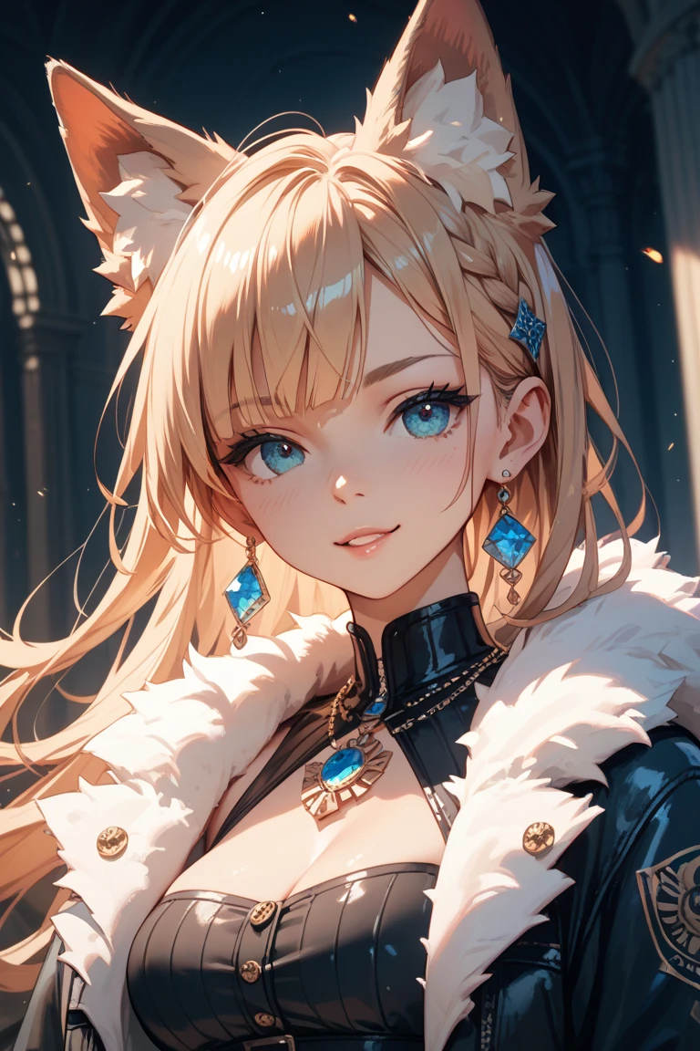 masterpiece, best quality, ahri_(league_of_legends), k/da_all_out_ahri, animal_ears, asymmetrical_clothes, asymmetrical_sleeves, bare_legs, belt_chain, black_shorts, blonde_hair, blue_eyes, blue_footwear, blue_sash, chromatic_aberration, crystal_necklace, crystal_tail, diffraction_spikes, eyeshadow, facial_mark, fingerless_gloves, fingernails, floating_hair, fox_ears, front_slit, glitter, gloves, gold, gradient_hair, hair_ornament, hairclip, hand_on_own_hip, high-waist_shorts, holographic_clothing, idol, jewelry, long_hair, looking_at_viewer, looking_down, makeup, marble_wall, multicolored_hair, neck_ring, o-ring, o-ring_thigh_strap, pillar, pink_hair, pink_nails, sash, shorts, shoulder_spikes, single_fingerless_glove, skirt, spikes, standing, thigh_strap, whisker_markings, white_skirt