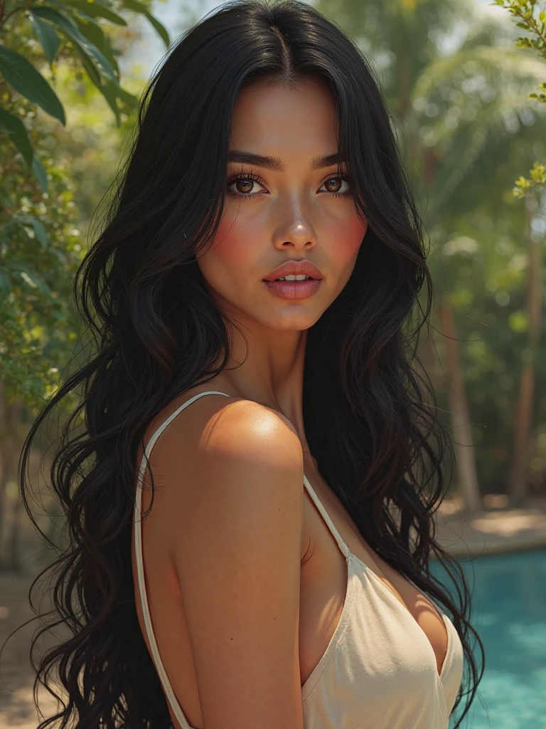 1girl in, age 22, Solo, Long hair, Colossal tits, Looking at Viewer, mexican woman, Bare shoulders, jewely, Full body, (extremely detailed 8k wallpaper), soft lighting, high quality, film grain, Fujifilm XT3 sharp focus, f 5.6, High Detail, Sharp focus,(natural light), (closeup:1.2), (seductive), thin tank top, off shoulders , Realistic