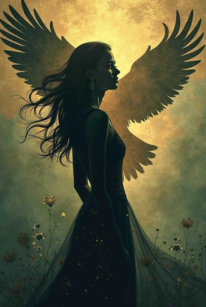 (Sensual illustration chiaroscuro), Illustration art, By Irina Kapi. Surrealism, Vintage Abstraction, Esbian all over body、A woman covered in black feathers, Flying in the sky with large wings spread、Colorful flower garden background、Long Shot、Highest quality, masterpiece, Ultra high definition、Painting, Concept Art, Emotional, Atmospheric, Romantic aesthetics, Represents transformation and the ability to see beyond the surface、Ultra high definition、(deep, Delicate colors) paint (draw) 、The highest masterpiece、Highest quality、