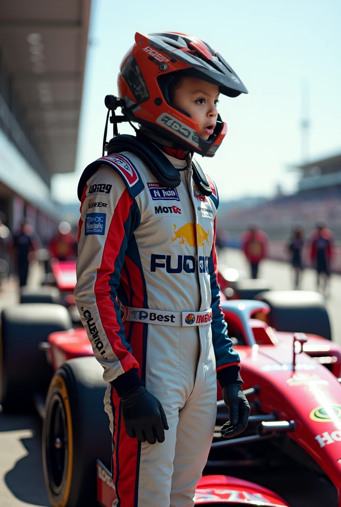 create a 10 year old wearing a red car racing outfit, wearing a hat, front facing, super realistic, ultra high definition
