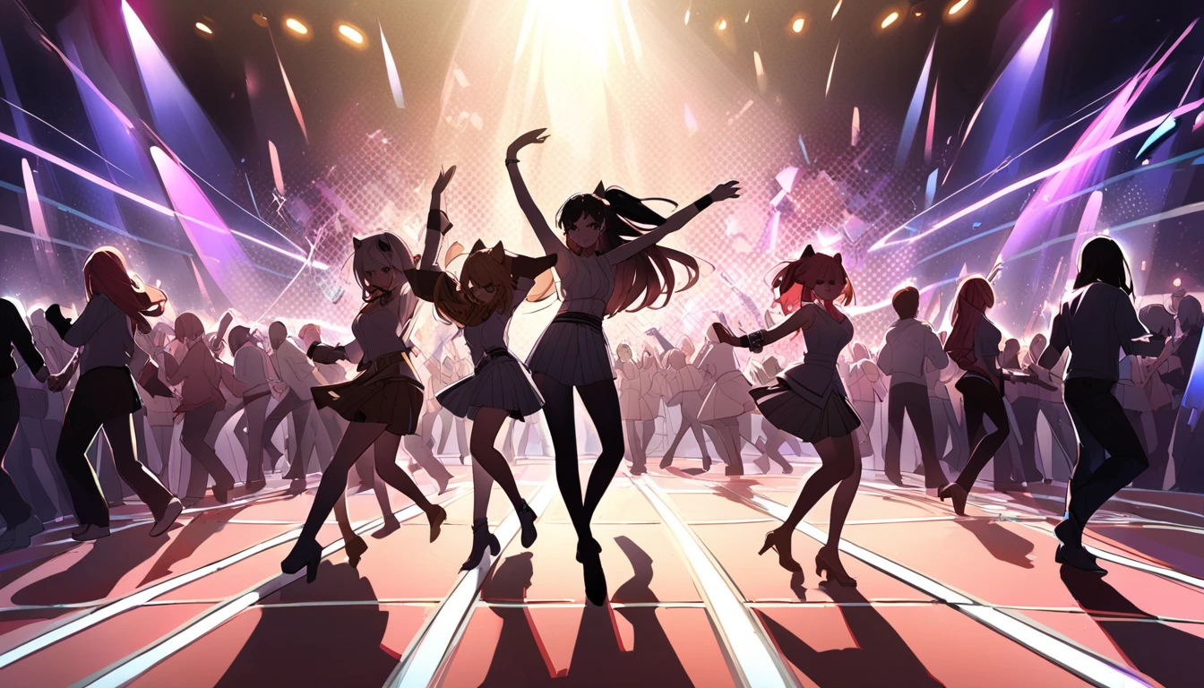 1. A group of people dancing energetically at a nightclub - "Dance floor frenzy",cat ear