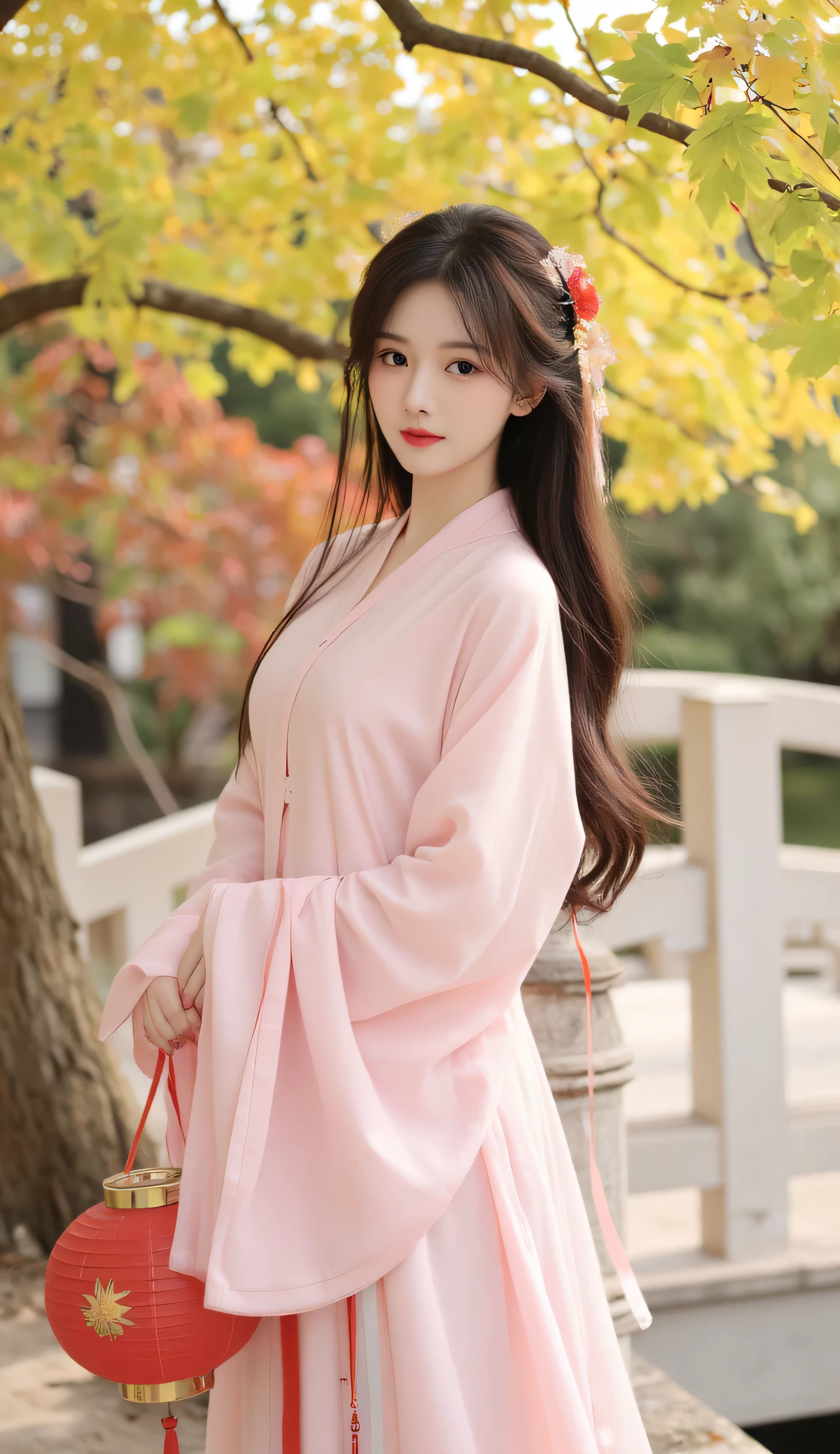 Beautiful chinese girl with long hair with beautiful chinese traditional hair pin,  pink colour chinese traditional dress, holding a red lantern handle and standing infront of chinese bridge beside yellow ginko tree and red/green maple tree combine with foreground midgroung and midground