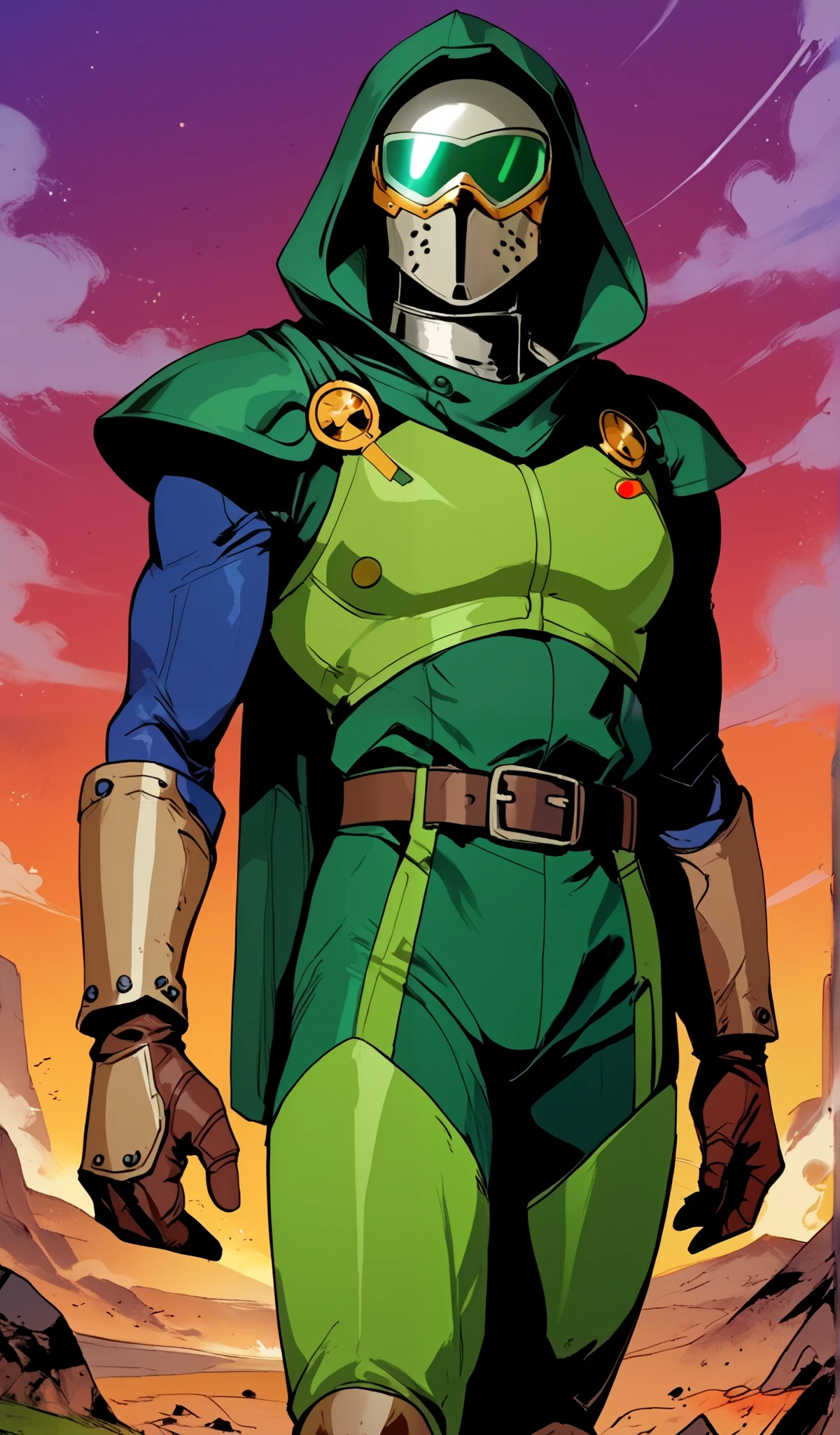 Drawn in 80’s anime art style.
Retro anime. Vintage Anime. Classical Anime.
The outfit is a highly recognizable and iconic superhero suit, primarily green and black, designed for both style and functionality. Here’s a detailed breakdown of its elements:
This person’s combat attire is a fusion of medieval warlord aesthetics, cutting-edge technology, and dark sorcery. He wears a cold, expressionless metal mask fused to his scarred face, paired with a reinforced helmet for added protection. His titanium alloy armor, sometimes infused with vibranium, grants superhuman strength, energy projection, and force field generation, making him nearly indestructible. Over this, he dons a fire-resistant green cloak and hood, often enchanted for extra defense. His gauntlets and boots contain built-in electrical weapons, jet propulsion for flight, and shock-absorption systems. A utility belt holds advanced gadgets, anti-magic tools, and teleportation devices, while his armor is infused with sorcery, allowing him to resist and counter magical attacks. His regal golden clasps, bearing the Latverian insignia, sometimes function as power sources or communication devices. This fearsome combination of strength, science, and sorcery makes them an unstoppable force on the battlefield.
This outfit not only provides protection but also enhances the Superhero’s combat capabilities, making them an effective and stylish anti-hero.