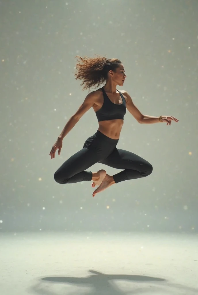 (best quality, high resolution), a Brazilian woman jumping happily with lines of energy emanating from her, vibrant heart icons, muscle icons and happy emojis around her. In the background, a subtle screen displays an online training platform