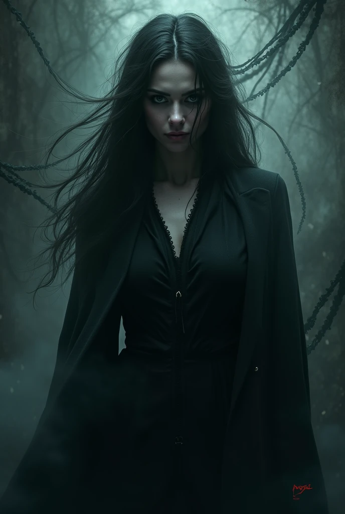 Female investigator with long black hair and black coat with gloves entering haunted forest