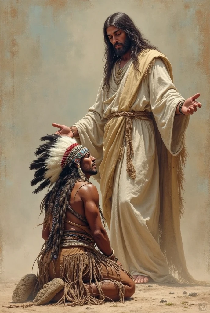 Make me a design for a tattoo where an Apache medicine man with a long headdress is kneeling before Jesus of Nazareth, a realistic stencil for a tattoo on the arm