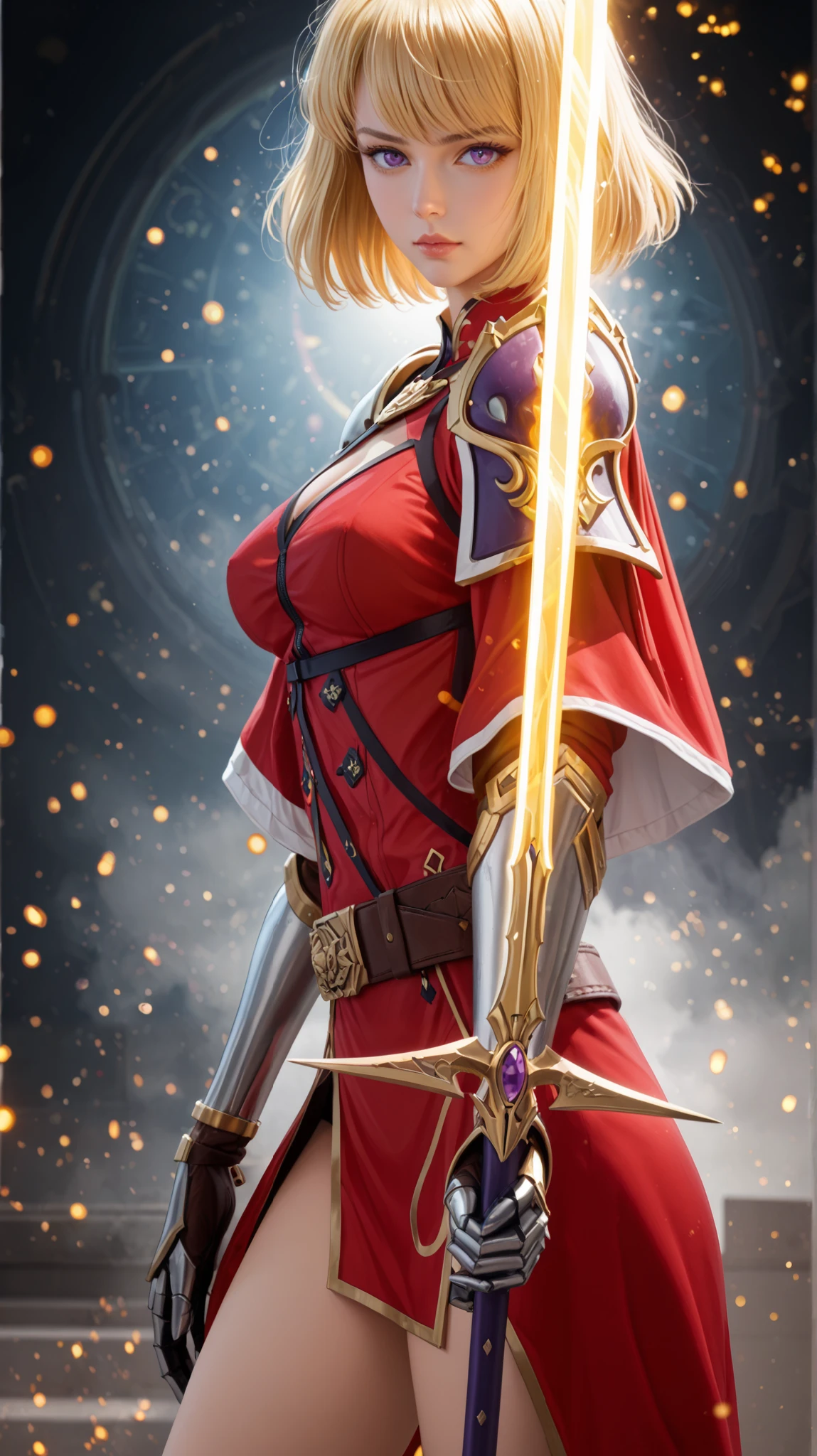 Rating 9, Rating 8, Rating 7, Rating 6, Anime Origin, Explicit Rating, Glowing Skin, Light Particles, Mature Woman, Girl, Slender Body, Slender Legs, Solo, Narrow Shoulders, Slim Body, Medium Chest, Short Hair, Bangs, Blonde Hair, Purple Eyes, 1 girl, (solo:1.1), blonde hair, short hair, purple eyes, bangs, red outfit, shoulder pad, belt, gauntlets, expressionless, narrow shoulders, heavy breathing, smoking body, night, standing, Cha Hae-In from Solo Leveling standing in a battle-ready stance, gripping her golden sword tightly, its blade reflecting an intense mystical glow. Her piercing golden eyes shine with power, radiating a strong aura of determination. Her short blonde hair flows slightly due to the surrounding energy. She wears her signature black and white combat outfit, perfectly fitted for battle. A mystical aura surrounds her, crackling with raw energy, illuminating the scene with an ethereal glow. The background is dark and cinematic, with dramatic lighting emphasizing her figure, creating a powerful contrast. The perspective is dynamic, capturing her in anime cinematic style, ultra-detailed, 8K resolution. Shot with a Sony A7R IV, 50mm f/1.2 lens, creating intense depth and emotion