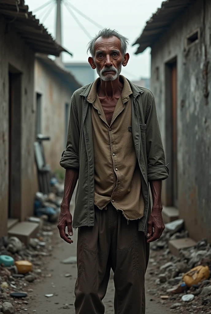 A realistic pics of a very poor man, with slumpy thin body, stander in front of his shop,empty shop with refuses and few dunk old goods