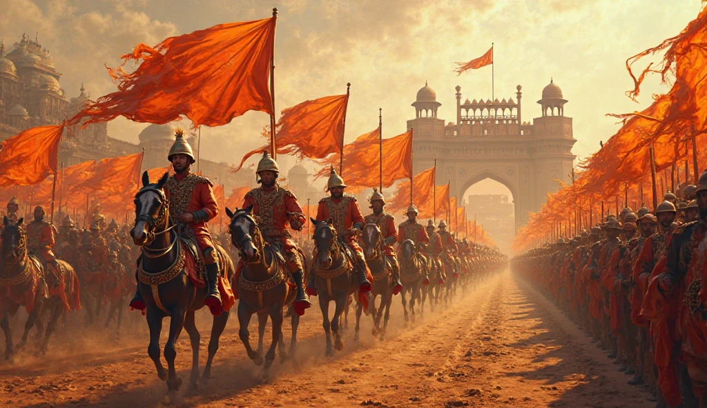 A long horizontal New Year's scroll painting in medieval Persian style showing a royal procession on horseback traveling to the palace for Nowruz celebrations. Soldiers carrying banners lead the Shah and his entourage over a bridge decorated with lanterns towards the rising sun.