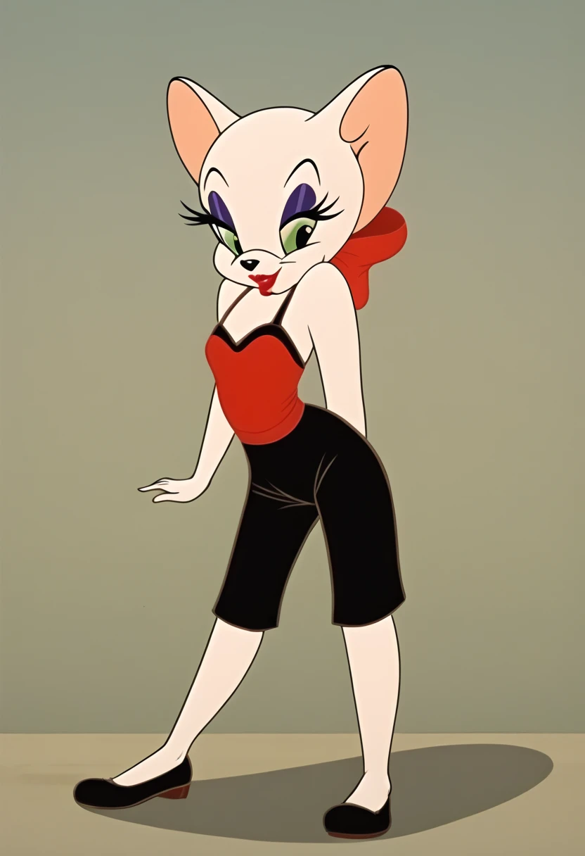 Minvera mink from Animaniacs, wearing black swimming shorts, yellow girl hair, red one piece swimsuit, sitting down with crossed legs, has thick thighs, smug expression, high quality, crisp, 1girl,