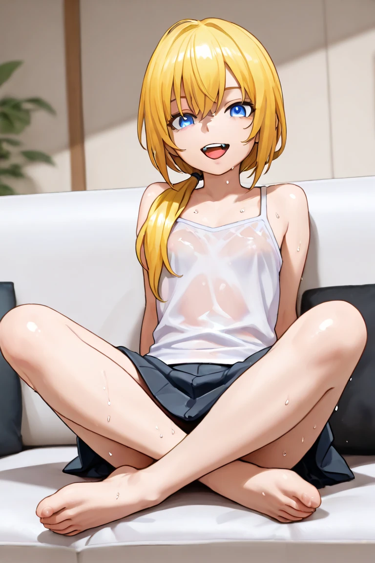 Cindy Aurum Final Fantasy sitting on the couch looking at the camera, fully body, open jacket without buttons , Topless, beautiful medium breasts showing , sexly , ripped mini skirt , legs spread open, beautiful smiling, long hair, surreal ,
