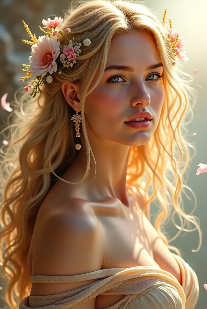 A botanical masterpiece in the style of Emile Vernon, detailed, hyper-realistic, elemets of symbolism and surrealism, a painting by mse an insanely beautiful woman by Emile Vernon, luminous design, pastel colours, gold, ink drips, autumn lights, intricate design, intertwined, perfect beautiful woman, flowers, pastel, gold.