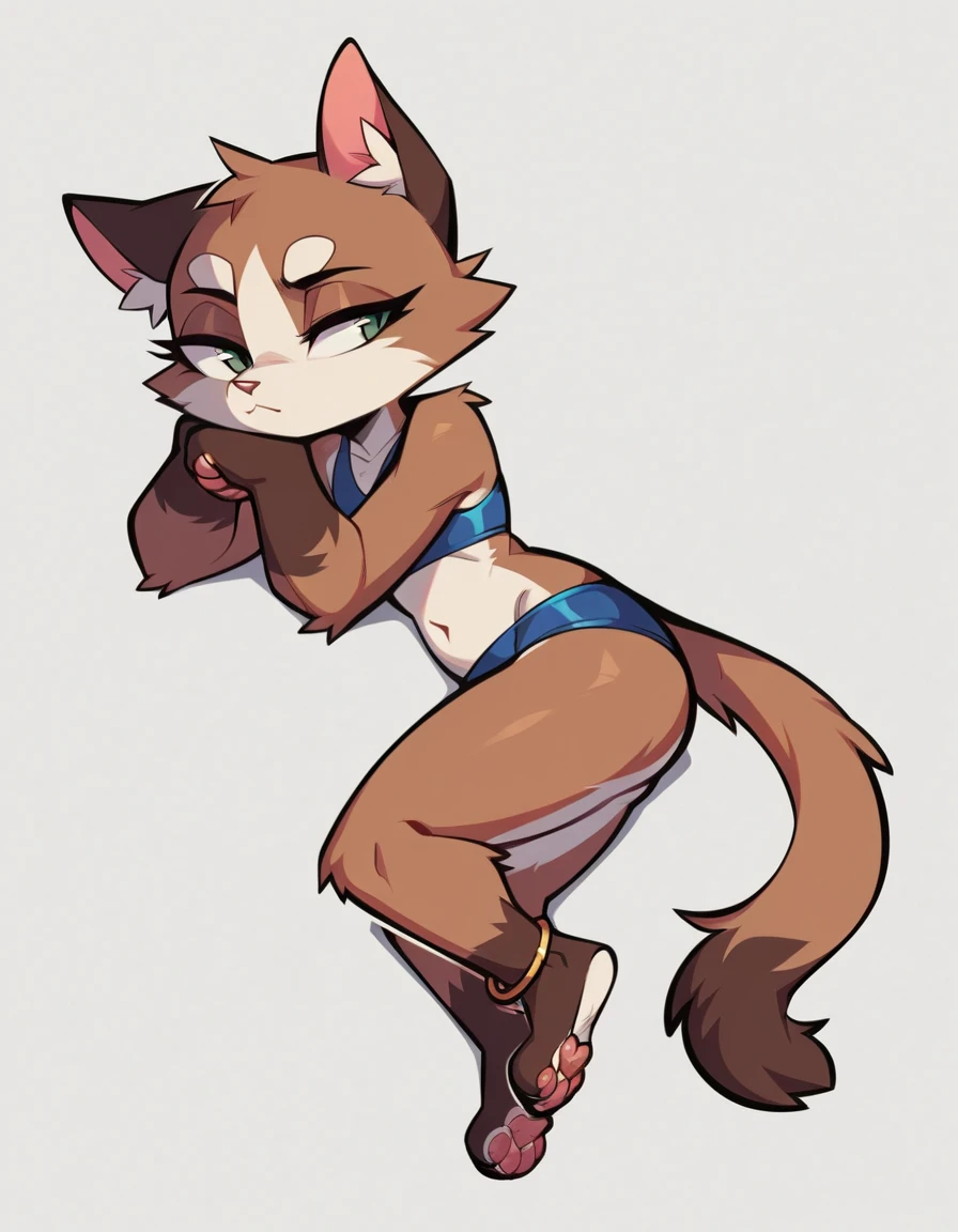 score_9,score_8_up,score_7_up, source_anime, temmie from undertale, Anthro girl, short silver grey hair, tall slender body, brown eyes, white furry body, canine feline hybrid girl, tail, four ears, extra ears, floppy white dog ears and white cat ears, wearing blue bra, yellow thong, one hand on hip, rear view