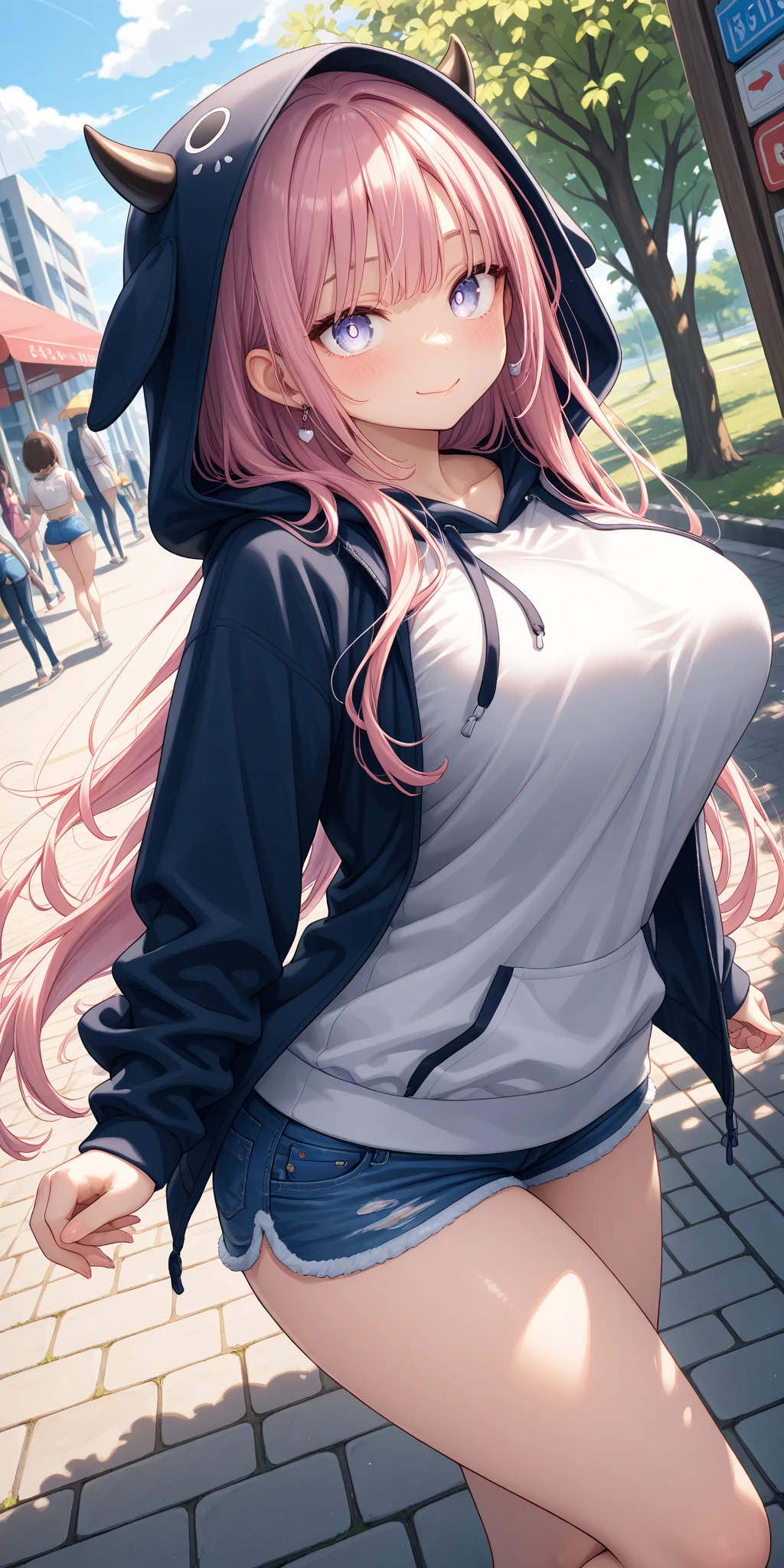 (cutesexyrobutts:0.9), (score_10, score_9_up, score_9, score_8_up, score_7_up, score_6, score_5, score_4, source_anime), (digital painting), (fine line work), (best quality), (extremely detailed), (highest quality), (intricate linework), (intricate details), more detail XL, 1girl, solo, cowboy shot, nino nakano, long hair, bangs, blue eyes, hair ornament, hair ribbon, pink hair, blunt bangs, two side up, butterfly hair ornament, cleavage, medium breasts, original outfit (hat, jacket (open) ,eyewear on head) , outdoors, smile, model poses