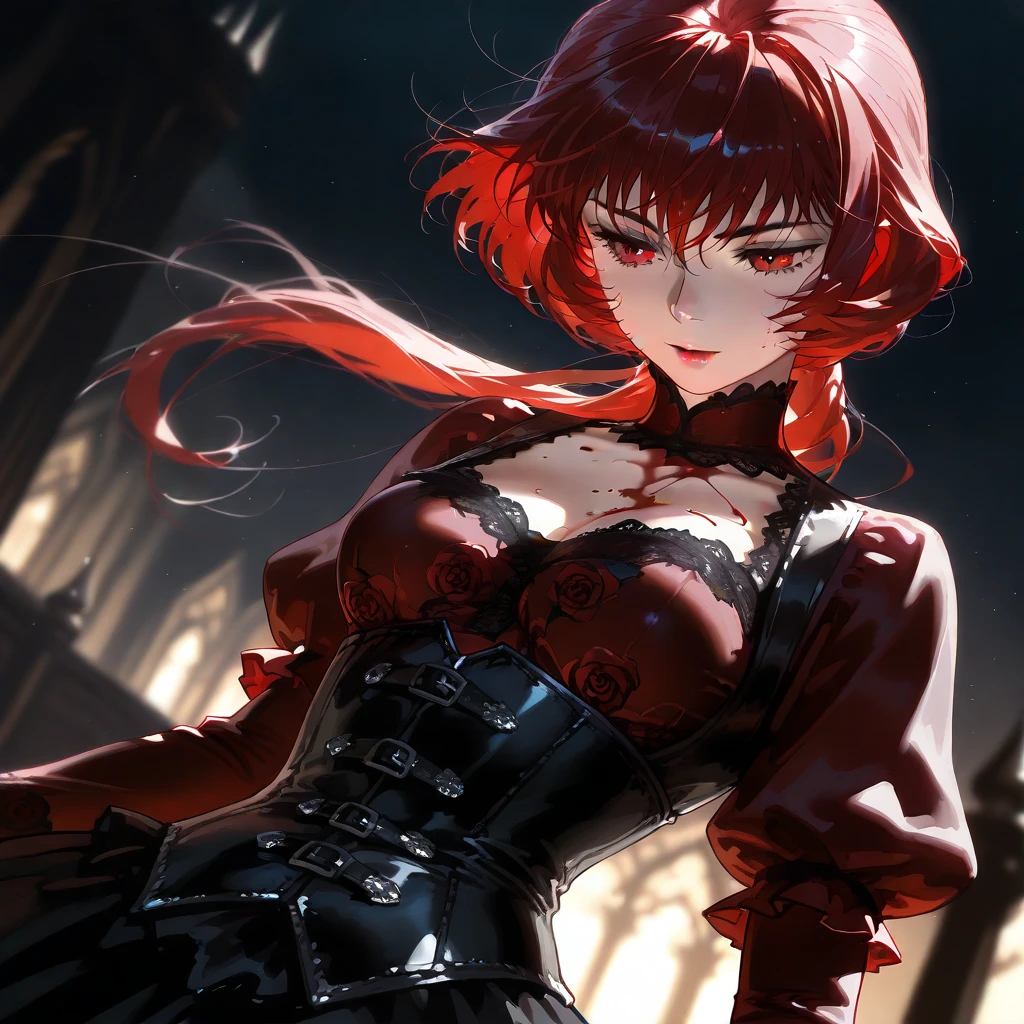 ((masterpiece, best quality)), (1girl),((mature female)), red hair, hairband, bangs, long hair, two piece strapless suit, micro suit, __location__， leotard, , black hairband, shoulder cutout, black thitying hair,curvy,cleavage,confident, ((flying petal)),(Flowery meadow) sky, cloudy_sky, building, moonlight, moon, night, (dark theme:1.3), light, fantasy,