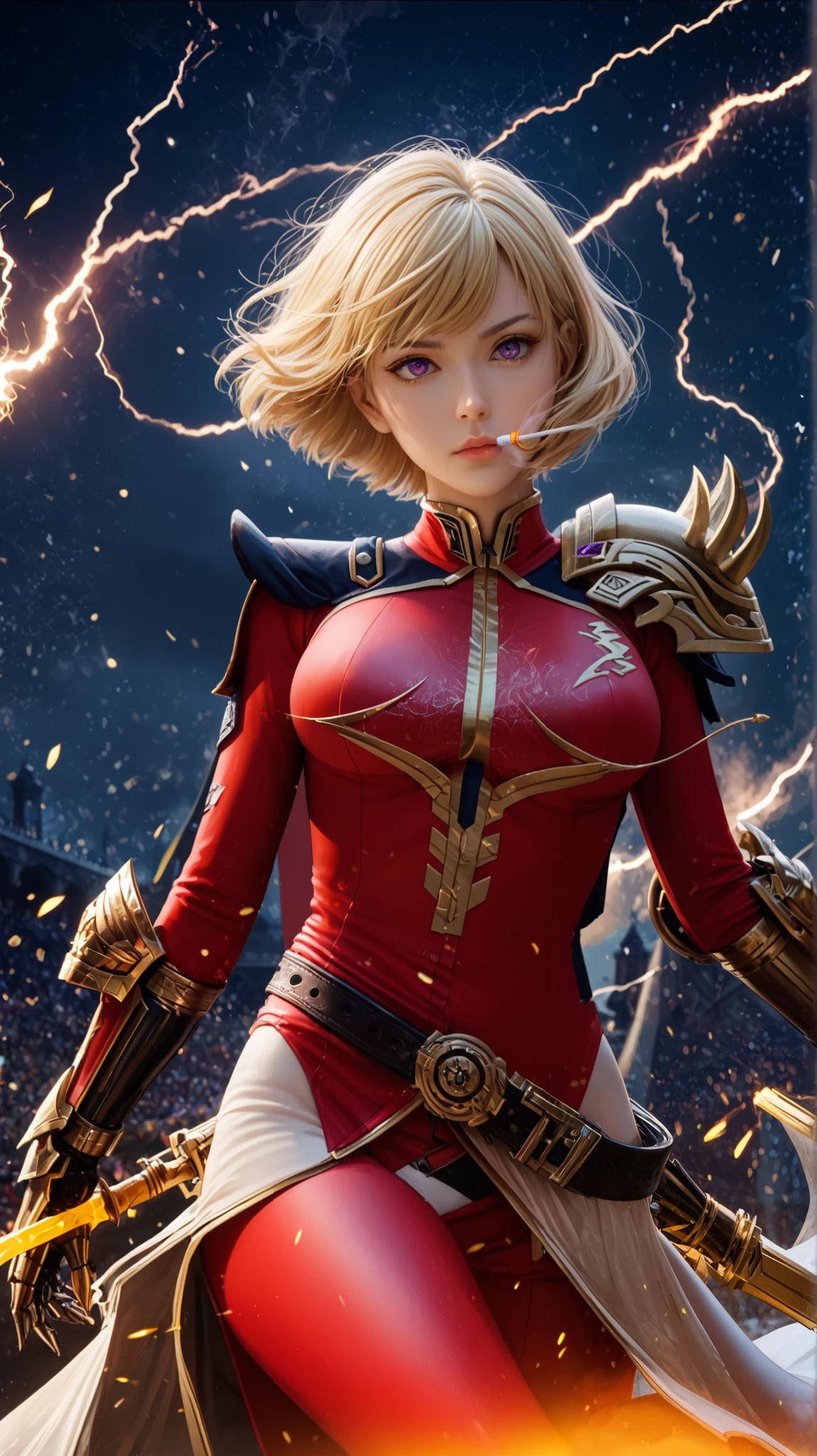 Rating 9, Rating 8, Rating 7, Rating 6, Anime Origin, Explicit Rating, Glowing Skin, Light Particles, Mature Woman, Girl, Slender Body, Slender Legs, Solo, Narrow Shoulders, Slim Body, Medium Chest, Short Hair, Bangs, Blonde Hair, Purple Eyes, 1 girl, (solo:1.1), blonde hair, short hair, purple eyes, bangs, red outfit, shoulder pad, belt, gauntlets, expressionless, narrow shoulders, heavy breathing, smoking body, night, standing, Cha Hae-In from Solo Leveling in a battle-ready stance, her golden sword glowing intensely with radiant energy. She raises her blade defensively, her sharp golden eyes shining with immense power. Her body is surrounded by crackling golden lightning, illuminating the dark background with dynamic energy arcs. Her short blonde hair flows slightly due to the immense aura emanating from her. Her combat uniform, black and white, is slightly torn, showcasing the aftermath of a fierce battle. The scene is highly cinematic, with dramatic lighting and a deep blue and gold contrast. Energy particles float around her, emphasizing her overwhelming presence. The composition captures her from a dynamic anime-style angle, enhancing her fierce and determined expression. Ultra-detailed anime cinematic style, highly polished visuals, 8K ultra HD, shot with a Sony A7R IV, 50mm f/1.2 lens, creating intense depth and an epic, high-energy atmosphere