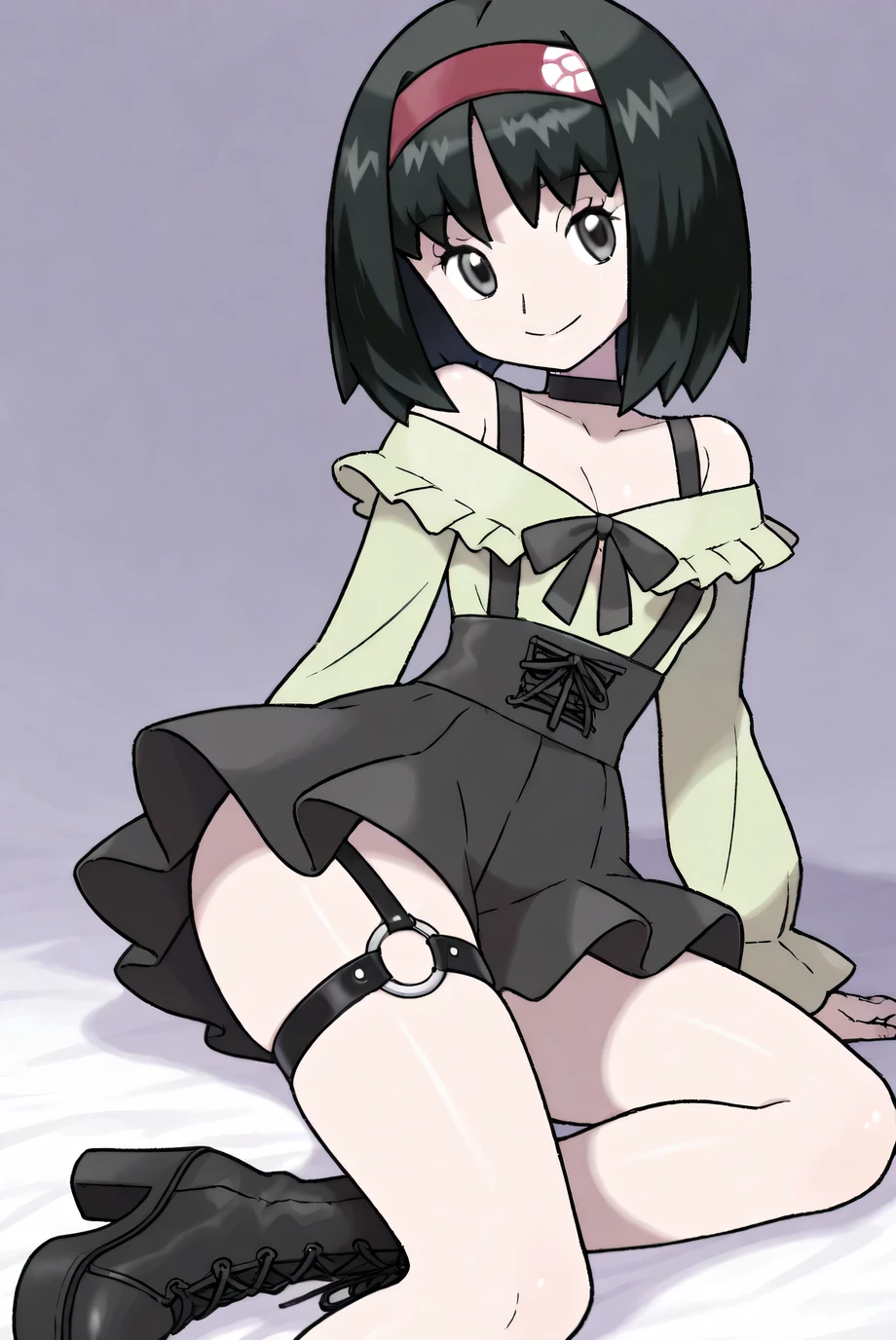 1girl, show_by_rock, cat ears, short black hair, cat tail, bikini, green eyes, curly hair, curls