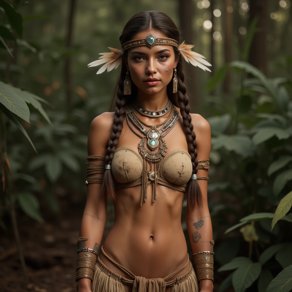 1girl,native american, tribal dress, brown bra, extremely short skirt tribal jewellery belt, feathers,hair ornament,jewelry,necklace,tribal,headdress,armlet,facepaint,braid,bracelet, wz_sousou_no_frieren_style, 1girl in full growth, best quality, masterpiece, ultra-detailed, high quality, perfect nose, highly detailed skin, warm skin tone, defiance512, RAW photo, best quality, high resolution, (masterpiece), dreamlike, dreamy, modelshoot style, analog style, tonemapping, photorealistic, professional photography, sharp focus, HDR, 8K resolution, intricate detail, sophisticated detail, hyper detailed, (depth of field), highlight and shadow, volumetric lighting, cinematic bloom, professional light, looking at viewer, blotchy, full body angle,
