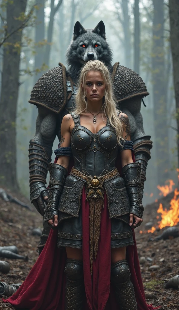 A beautiful female Viking warrior of the Aryan race, wearing a war suit and half-naked, engaged in combat against another Viking warrior on a rainy winter battlefield, highly detailed, intricate costume design, dramatic lighting, epic cinematic composition, photorealistic, 8k, masterpiece