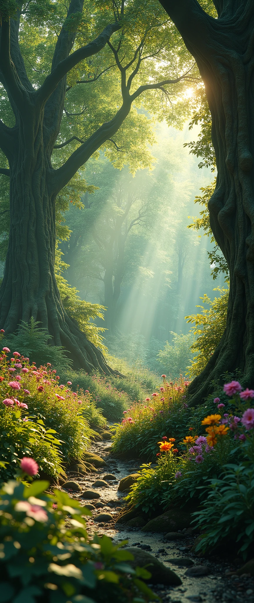 high resolution image standing on a cloth、tree々and seven-colored flowers、 Mysterious Forest with Magical Beings Hidden in Branches 、 8k、 High Quality Giant Forest 、 tree陽漏れ、 a forest believed to be inhabited by fairies、 Soft morning sun shines through the deep forest。