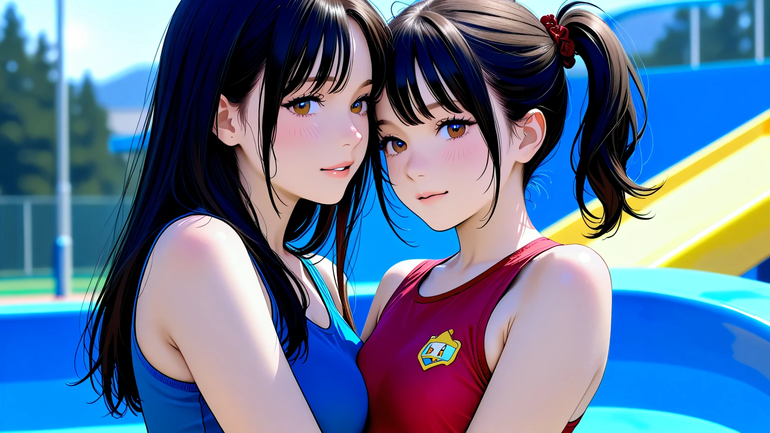 masutepiece,1 girl in、(Colossal tits:1.5)、The upper part of the body、(realisitic:1.7)、((top-quality))、(超A high resolution)、(Photorealsitic:1.6)、Photorealsitic、octane renderings、(hyper realisitic:1.2)、(photorealiscic face:1.2)、(8K)、(4K)、(masterpiece)、(realistic skin textures)、(illustratio、电影灯光)、(Brown eyes)、(beautidful eyes:1.2)、((((face perfect))))、(Ahegao:1.5)、sticking out the tongue、red blush、full of shyness、(cute little)、(Braids on both sides)、Raising both arms、sexy pose、Spread your legs apart、Opening legs,erotick,Dynamism,School swim wear,School swimsuit is black, show through,real looking skin、 25 Meter Pool, in poolside